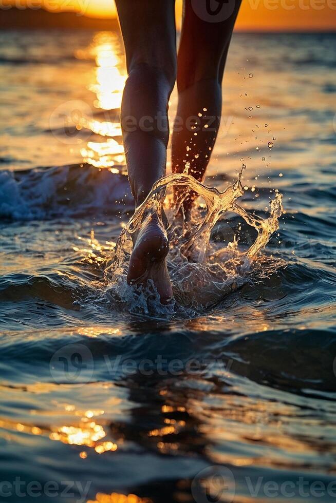 ein Person Gehen im das Ozean beim Sonnenuntergang foto