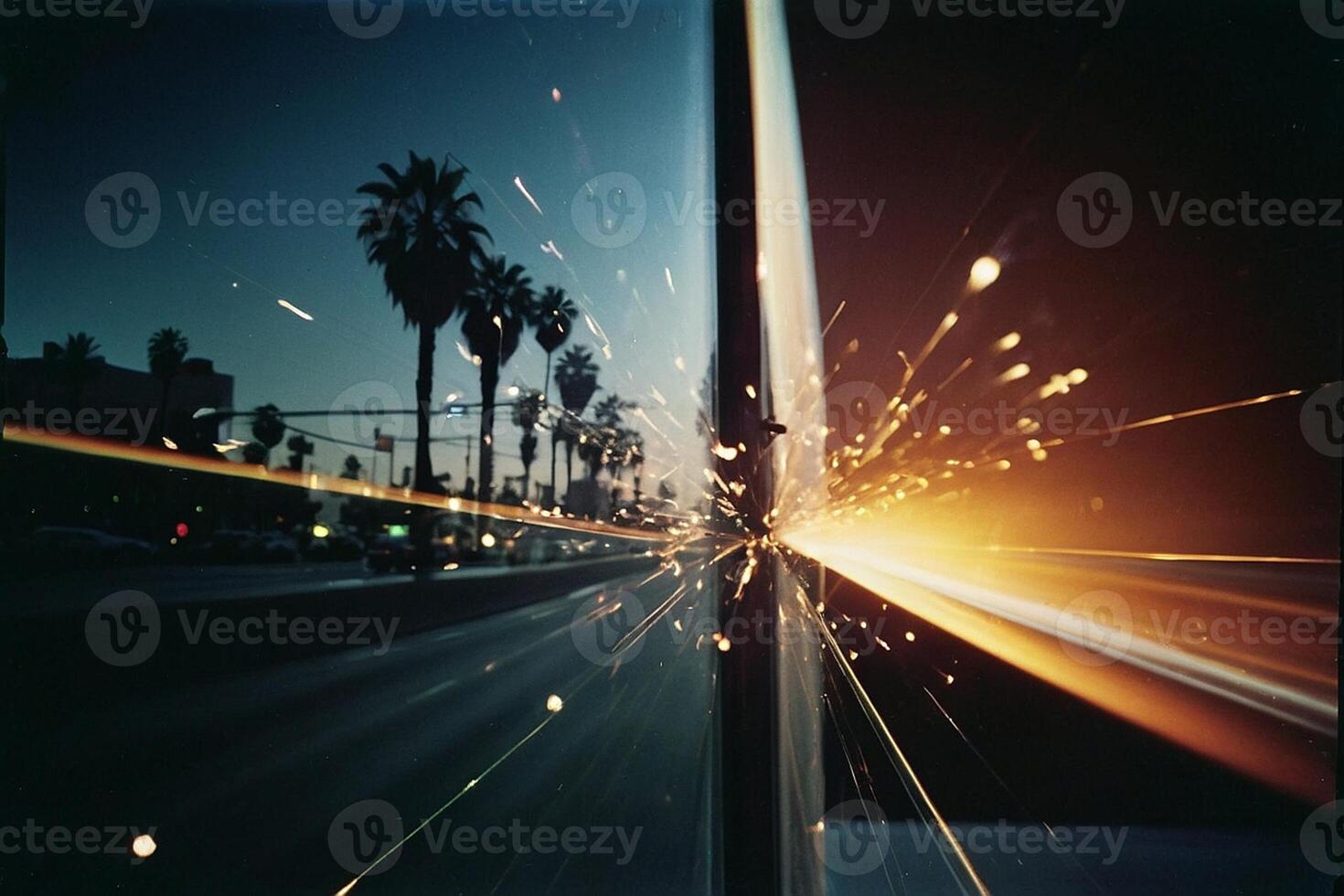 ein fotografieren von ein Straße mit ein Straße Licht und Palme Bäume foto