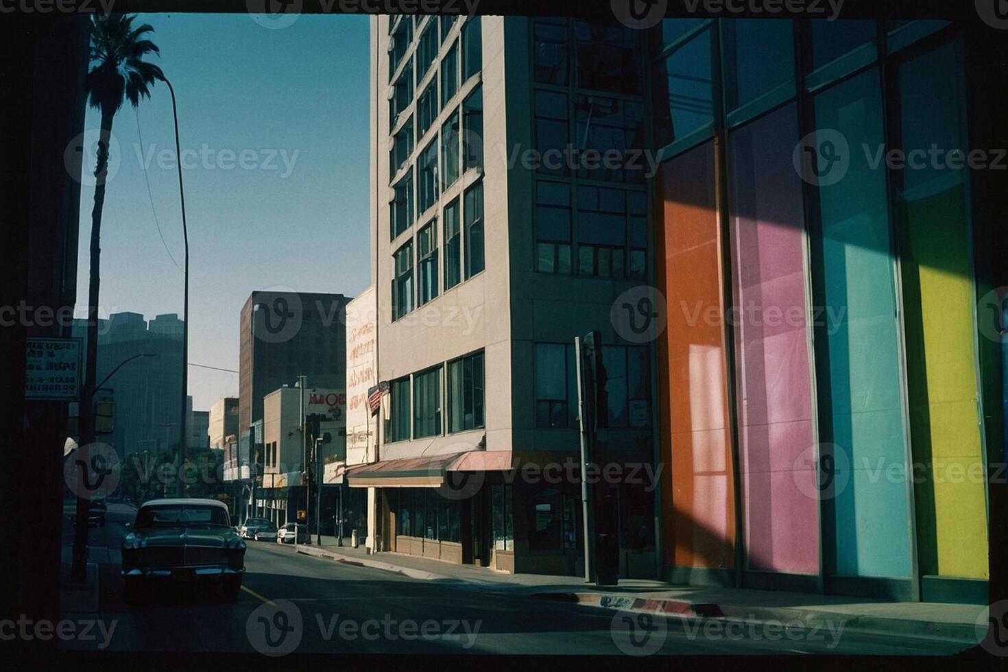 ein Jahrgang Foto von ein Straße mit Gebäude und ein Auto