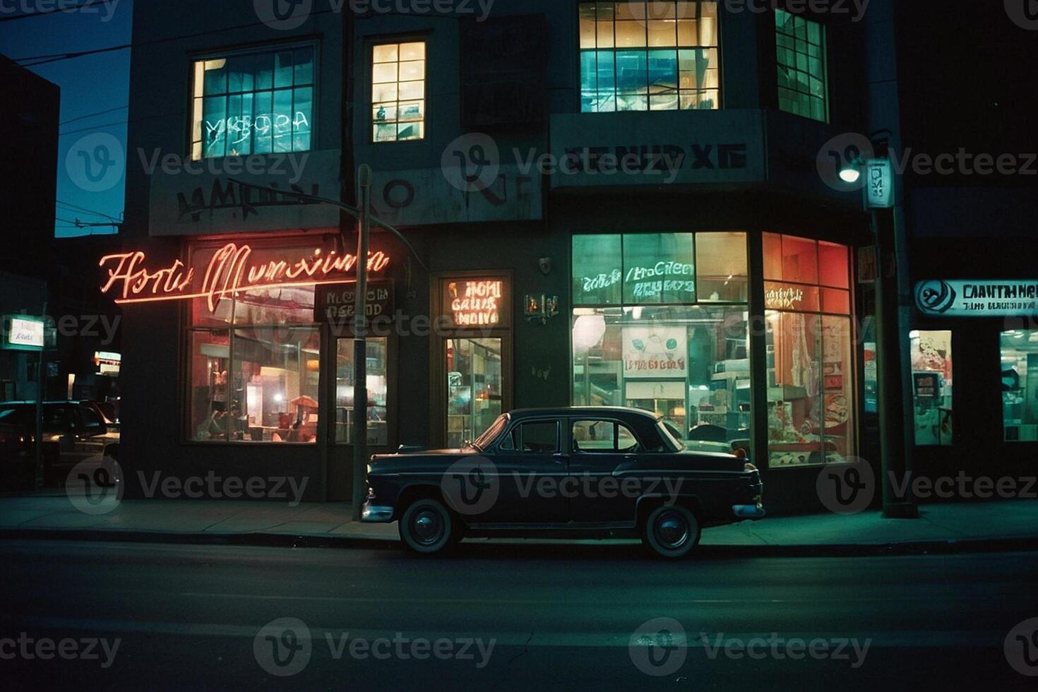 ein Auto ist geparkt im Vorderseite von ein Geschäft beim Nacht foto