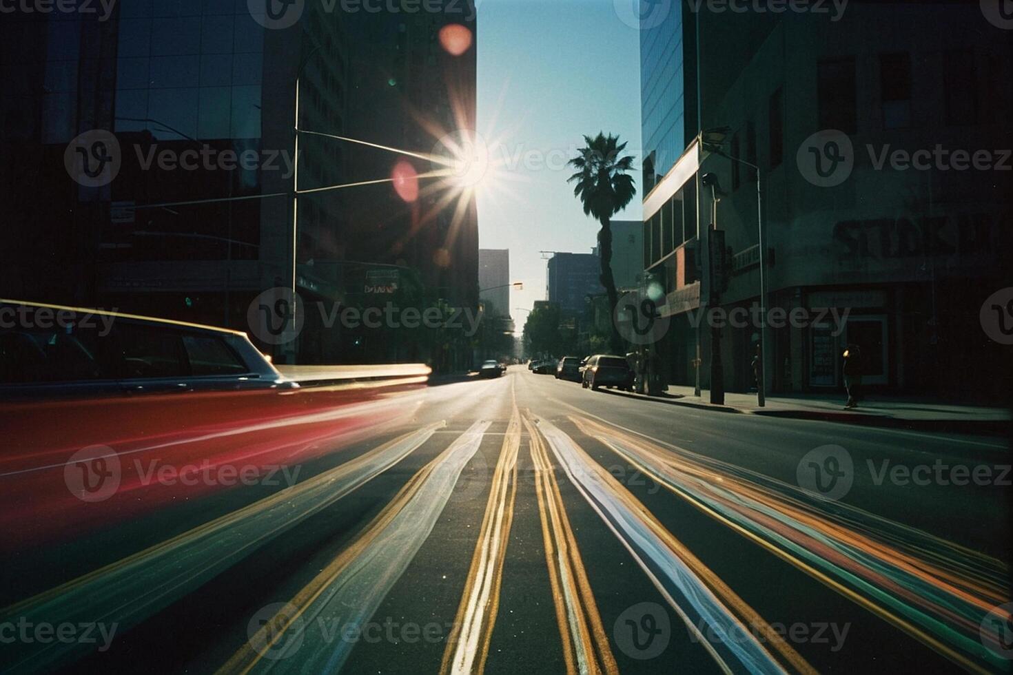ein Auto Fahren Nieder ein Stadt Straße mit das Sonne leuchtenden foto