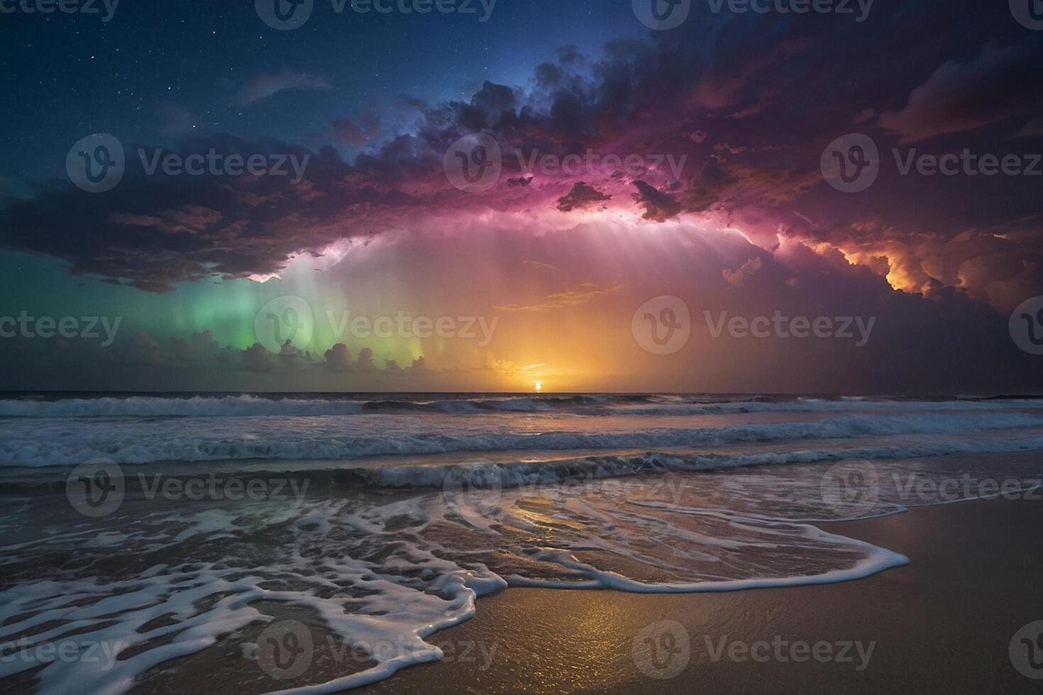 ein bunt stürmisch Himmel Über das Ozean und Sand foto