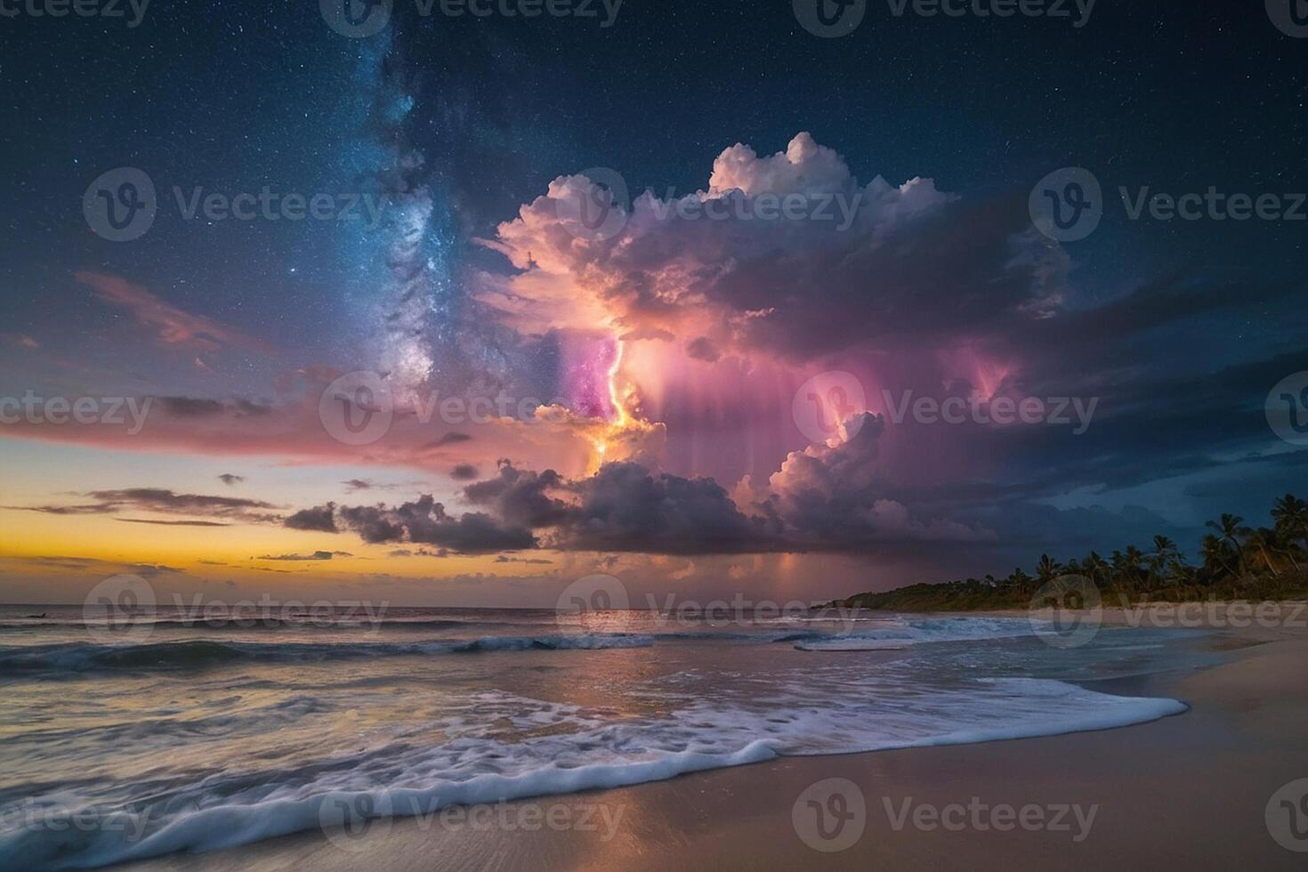 ein Regenbogen ist gesehen Über das Ozean beim Nacht foto