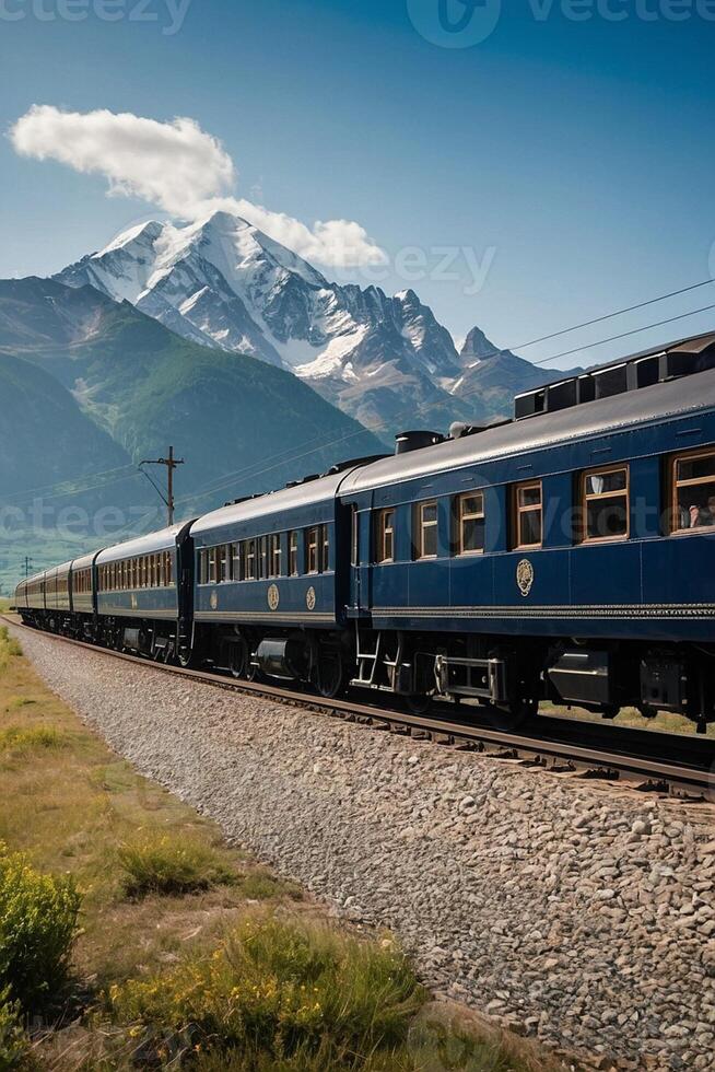 ai generiert ein Blau Zug Reisen durch das Landschaft mit Berge im das Hintergrund foto