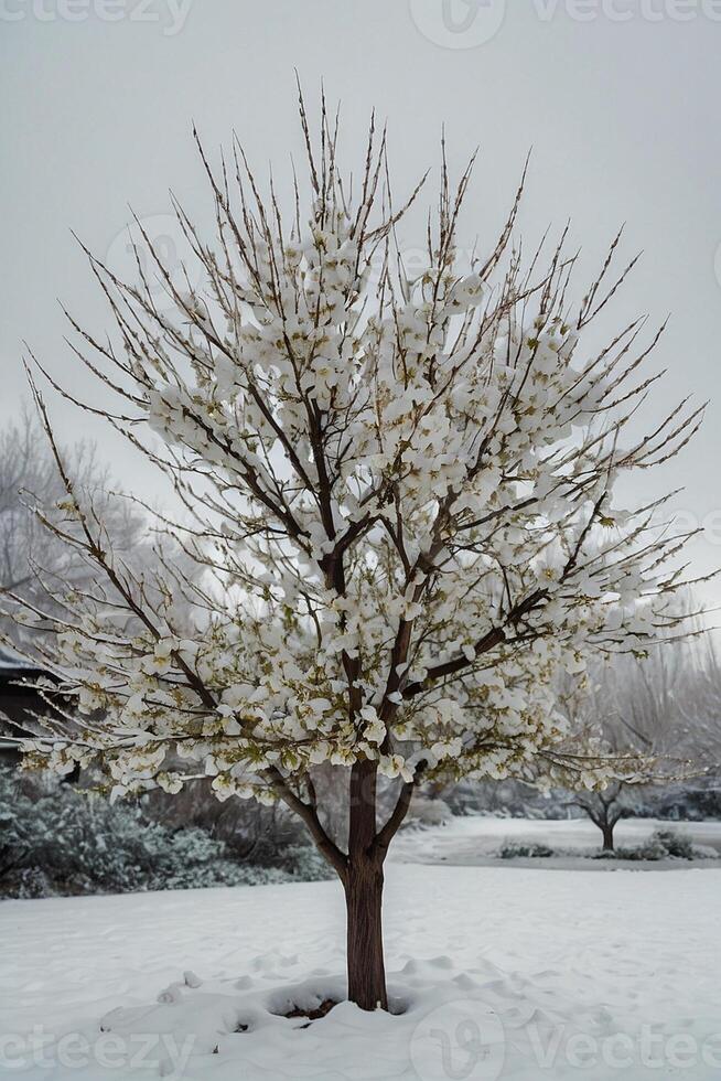 ai generiert ein Baum mit Weiß Blumen im das Schnee foto