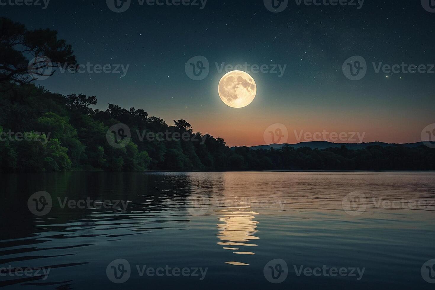 ai generiert ein voll Mond ist gesehen Über ein See beim Nacht foto