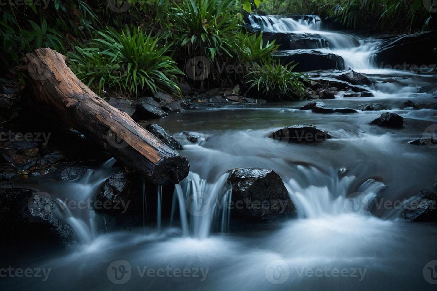 ai generiert ein Wasserfall fließend durch ein Wald mit ein Log foto