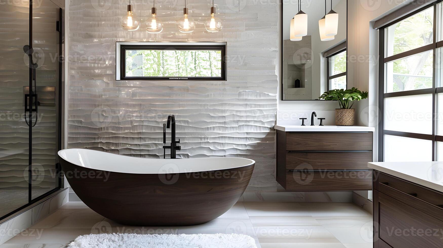 luxuriös und minimalistisch Badezimmer Design mit freistehend Badewanne und glatt Nichtigkeit im zeitgenössisch Zuhause Innere foto