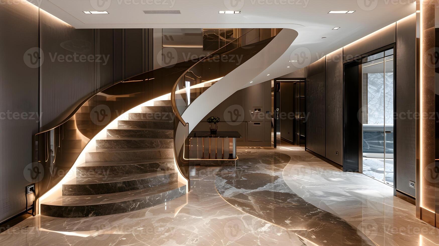 beeindruckend Marmor Treppe und elegant Flur von ein Luxus kommerziell oder Wohn Gebäude foto