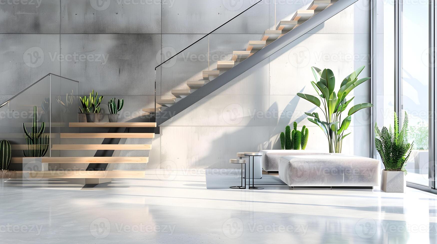 sonnendurchflutet modern Luxus Zuhause Innere mit minimalistisch Beton Treppe und üppig eingetopft Pflanzen foto