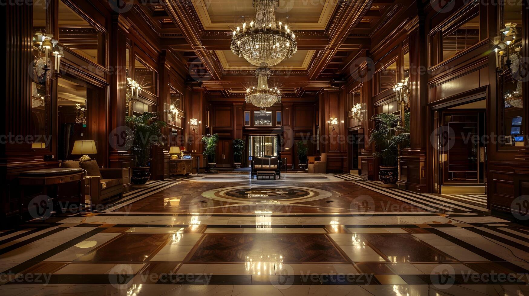 aufwendig und luxuriös Empfangshalle von ein historisch und prestigeträchtig Hotel mit kompliziert Marmor Böden, Zier Kronleuchter, und Regal Dekor foto