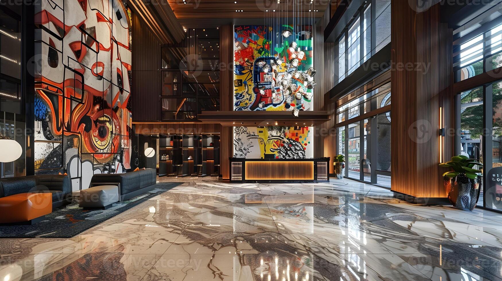 luxuriös modern Hotel Empfangshalle mit beschwingt Dekor und elegant Marmor Böden foto