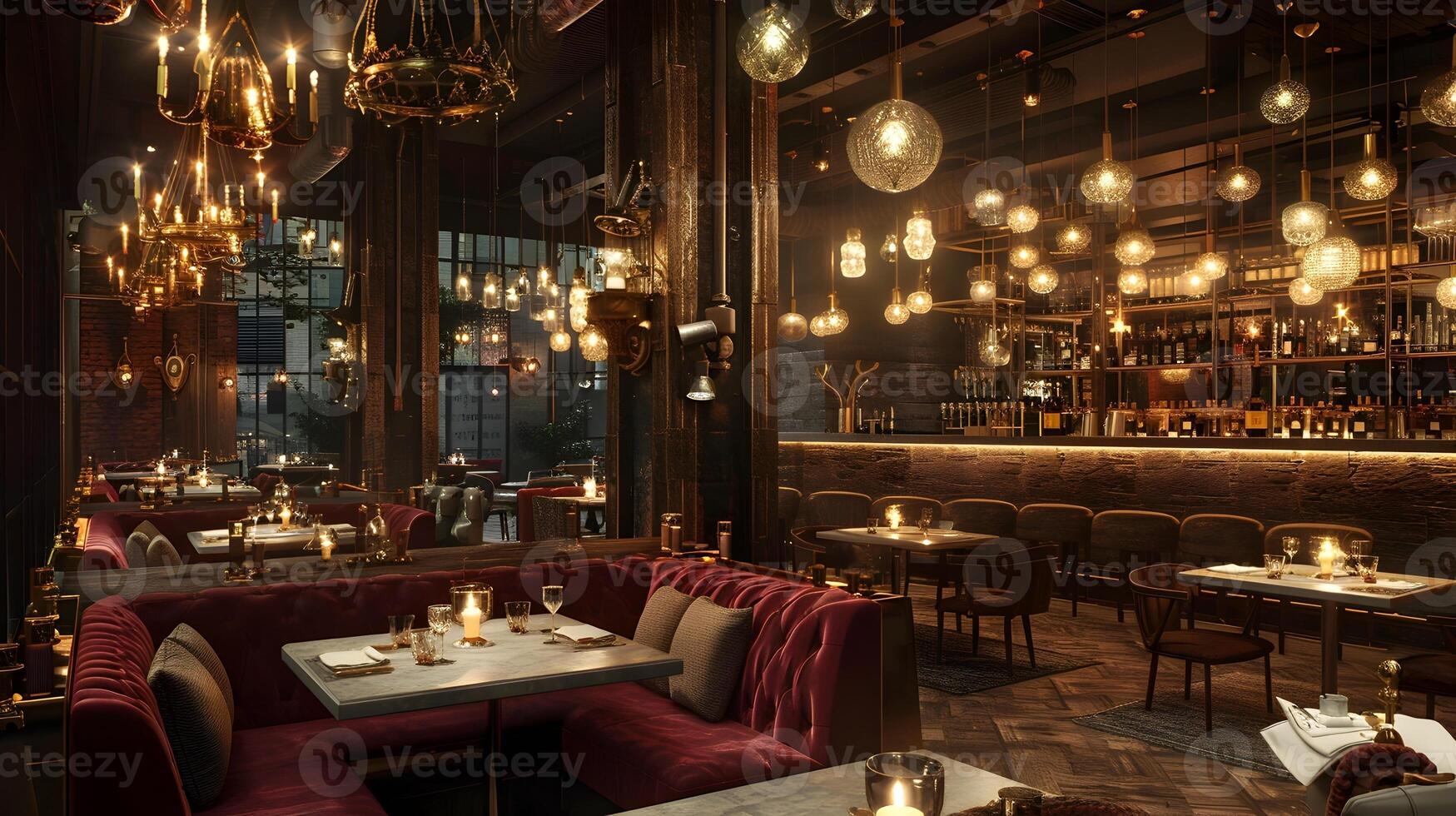 gemütlich und einladend gehoben Bar und Restaurant Innere Design mit warm Beleuchtung und rustikal Jahrgang Dekor foto