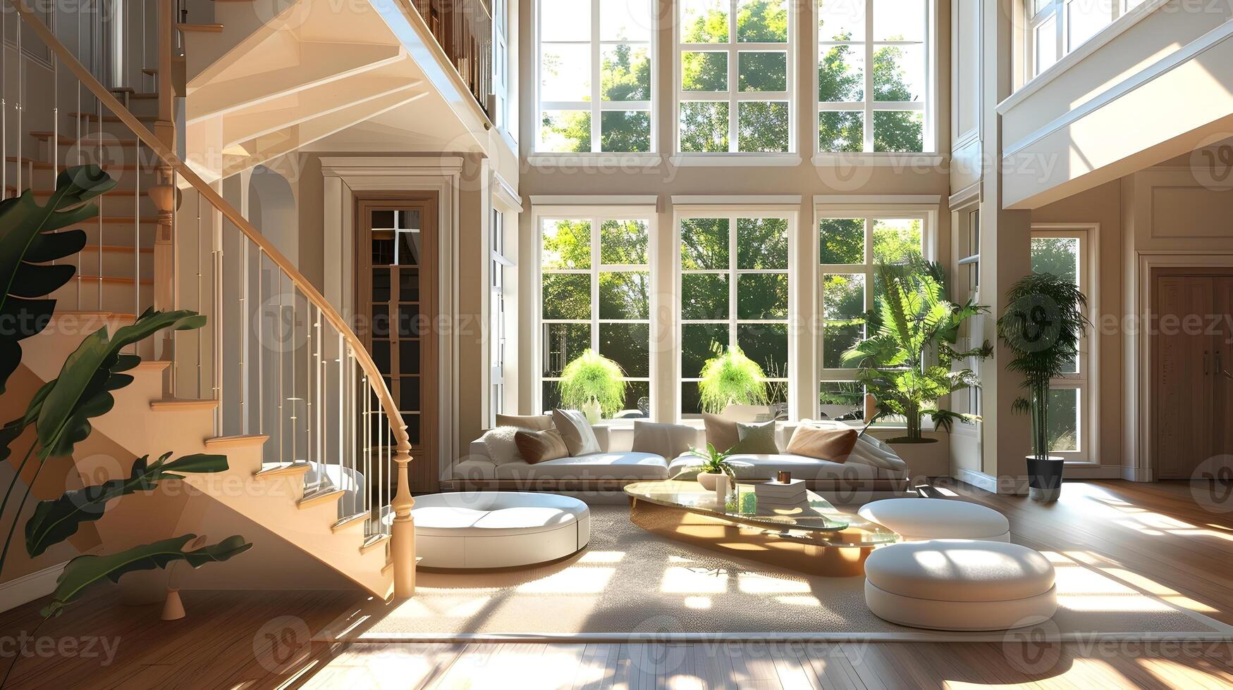 geräumig Leben Zimmer mit offenes Profil Treppe aalen im Sonnenschein und Gelassenheit foto