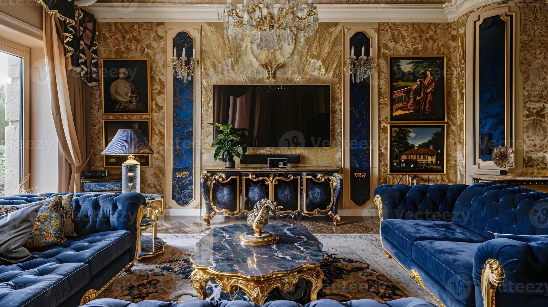 aufwendig Barock Leben Zimmer strahlt aus Eleganz und Luxus mit königlich Blau Samt Sofa und Marmor eingelegt Unterhaltung Mauer foto