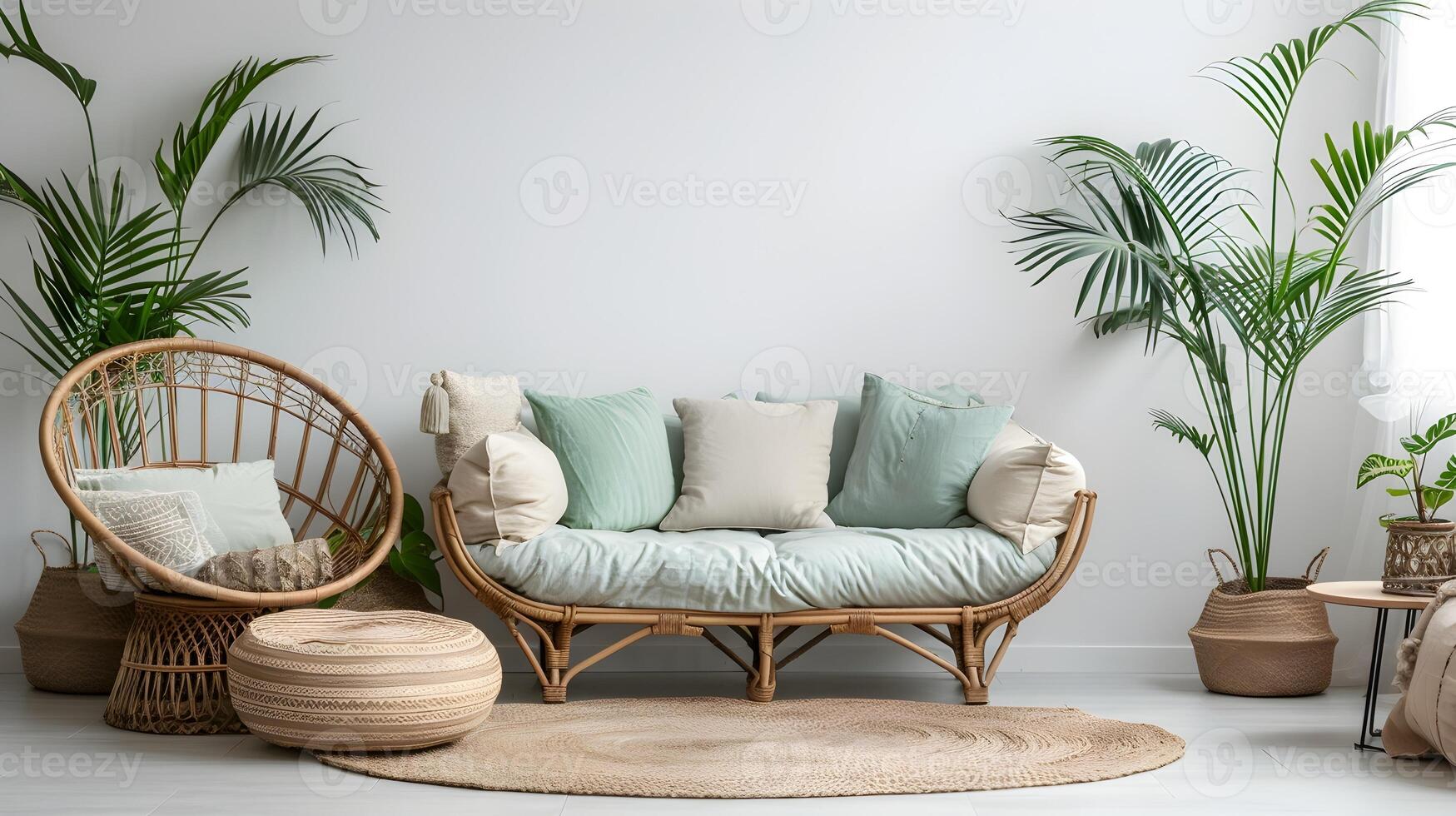 minimalistisch Wohnung Leben mit Minze Grün Sofa und Rattan Pfau Stuhl geschmückt mit Erde Ton Boho Akzente foto