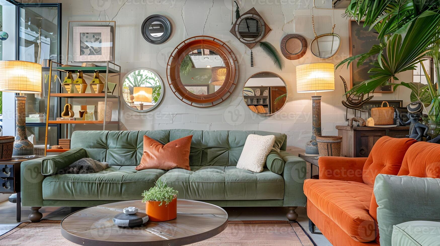 gemütlich Leben Zimmer Grün Samt Sofa und rustikal Holz im ein Jahrgang gespiegelt Innere Design Geschäft foto