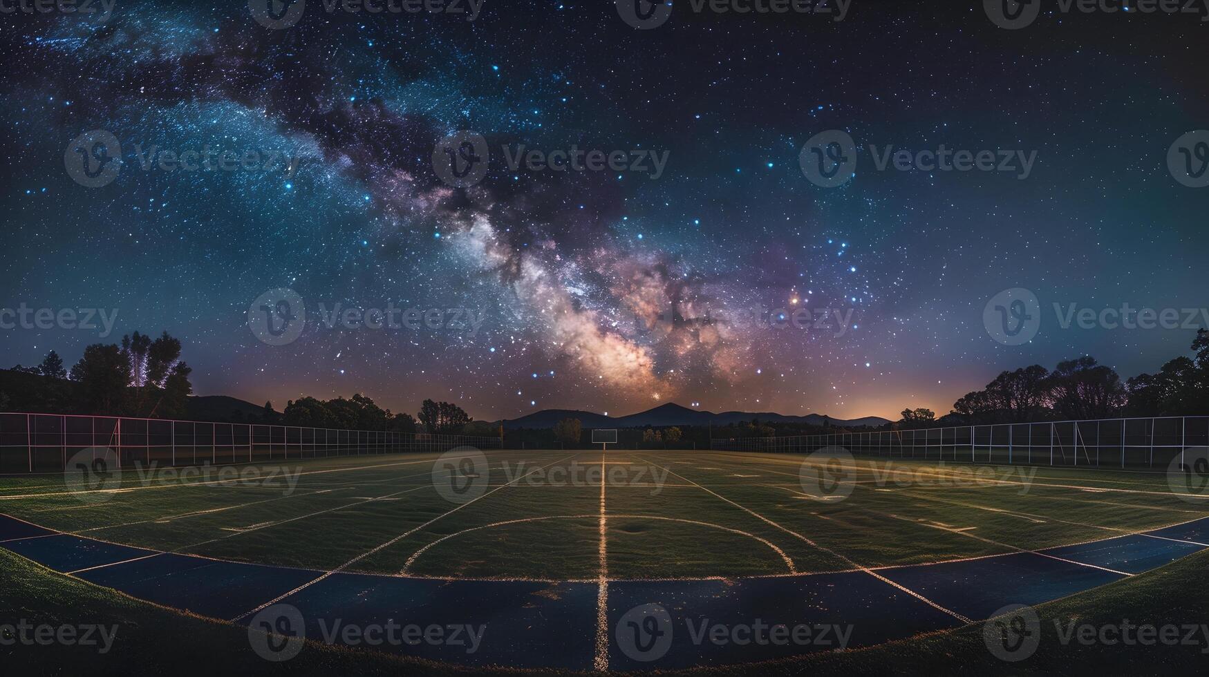 Lacrosse Feld unter milchig Wege Uhr unendlich Echos von Sternenstaub im das Stille von Nacht foto