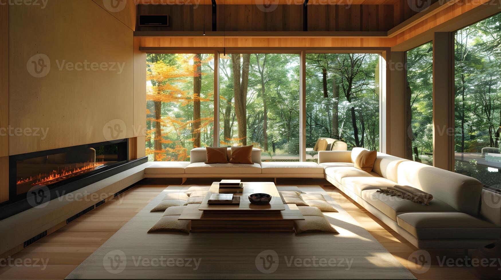 Herbst Gelassenheit ein japanisch Leben Zimmer umarmt durch Wald Ansichten und Wärme foto
