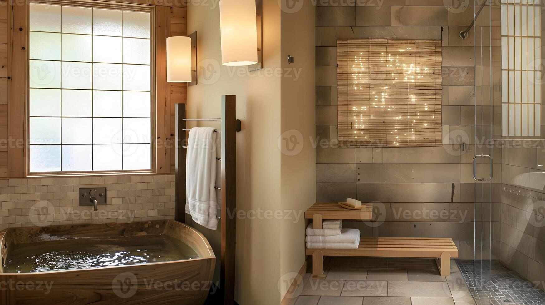Zen japanisch Badezimmer Design ein Zeder Einweichen Wanne Oase von Gelassenheit und modern Luxus foto