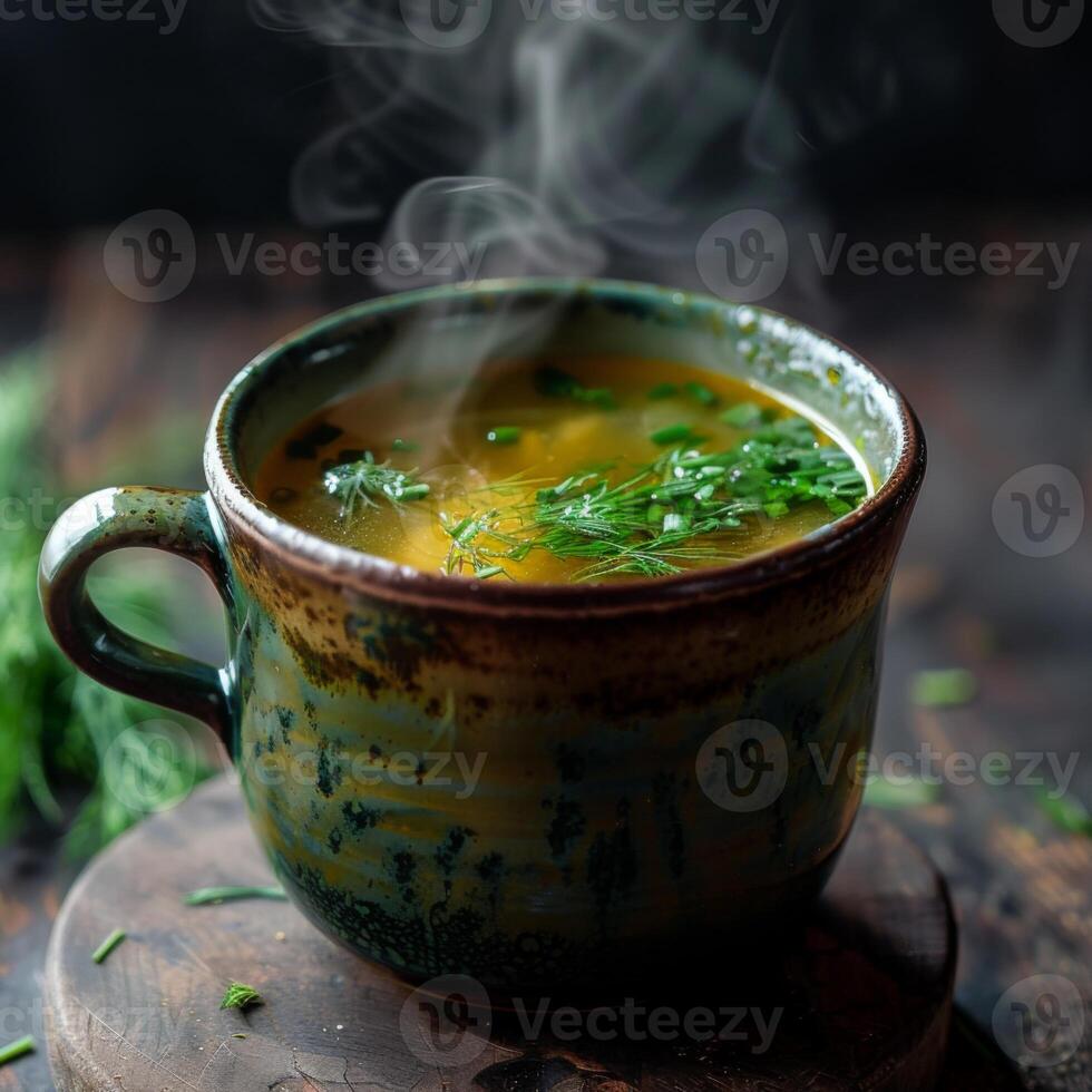 dämpfen Becher von Anti entzündlich Knochen Brühe meliert mit Dill, Schnittlauch und Ingwer, foto