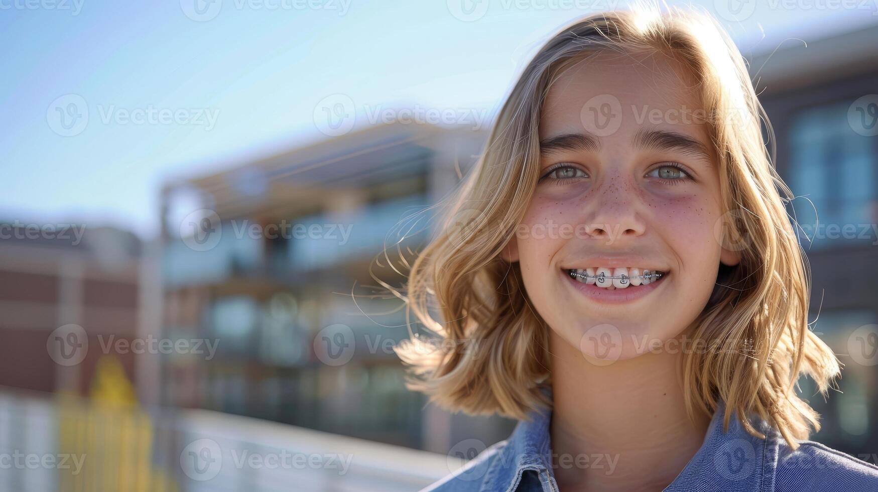 Hosenträger auf Zähne schön rot Lippen und Weiß Zähne mit Metall Zahnspange. ein Mädchen lächeln. foto