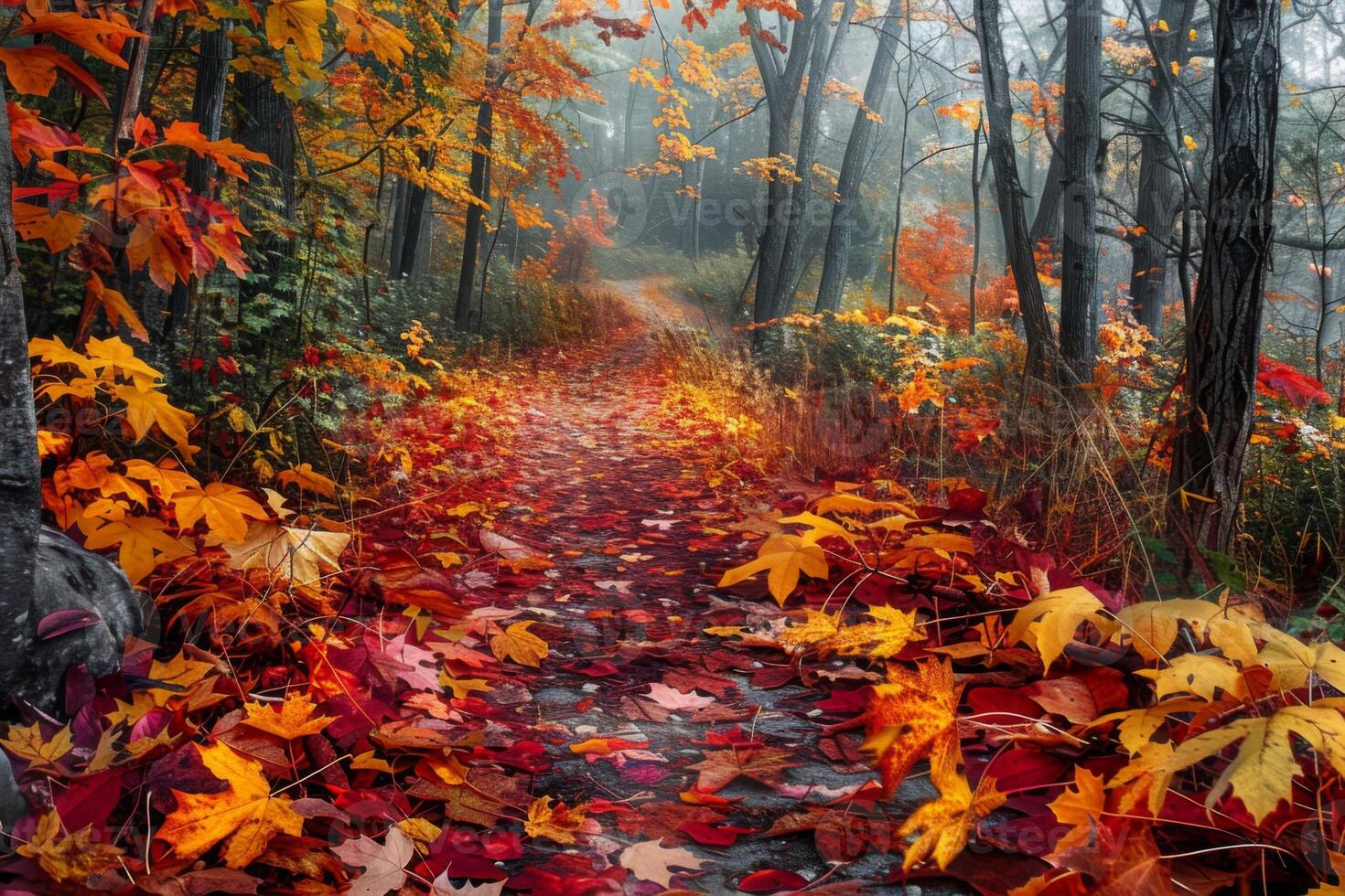 beschwingt Herbst Pfad durch neblig Wald foto
