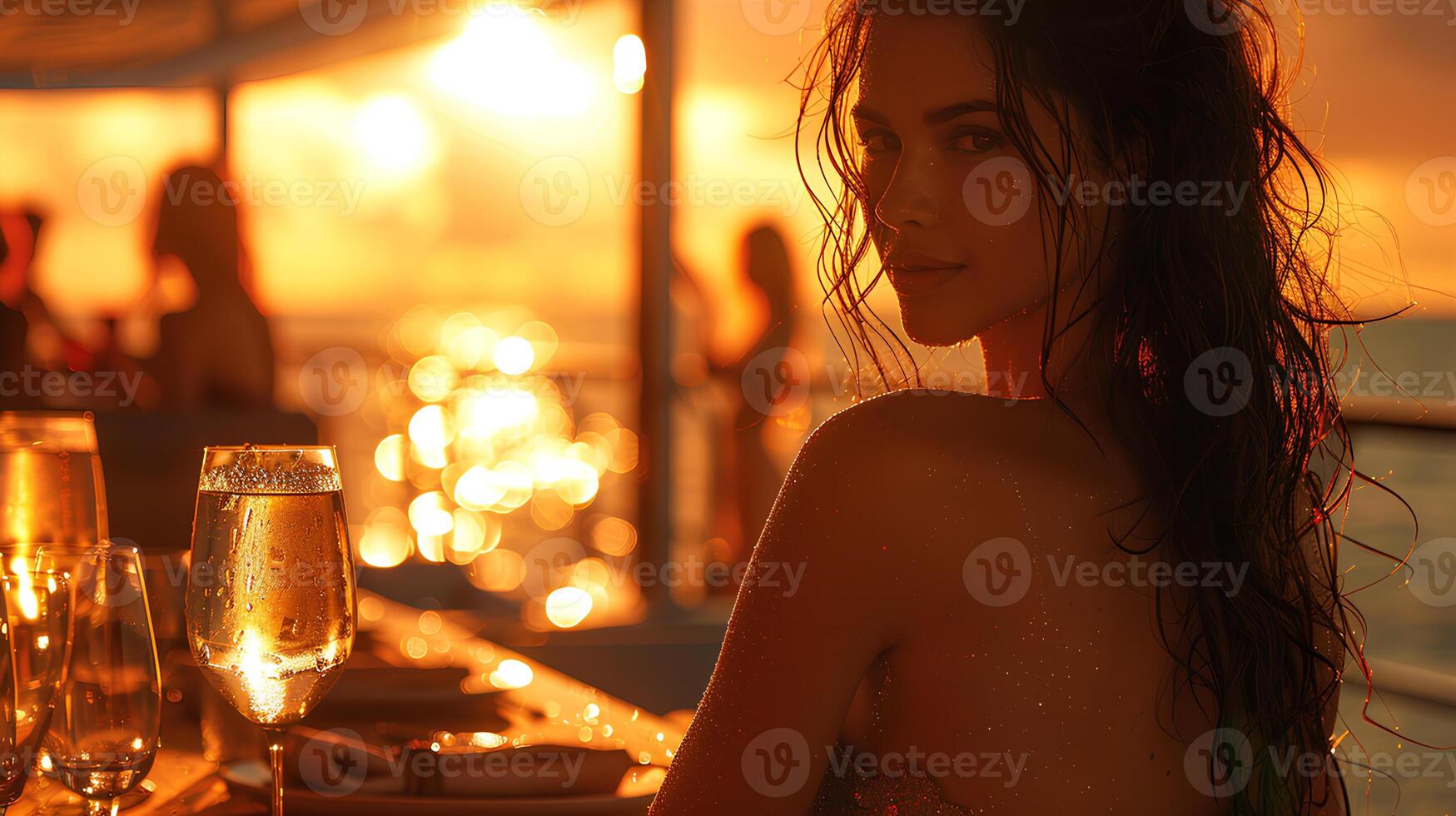 Party auf Schiff, Sonnenuntergang, huy und Mädchen öffnen tanzen mit Wein Glas auf Tisch, filmisch Licht, realistisch foto