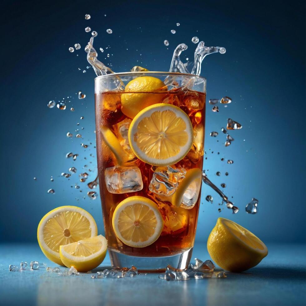 Tee im Glas mit Zitrone und Block von Eis foto