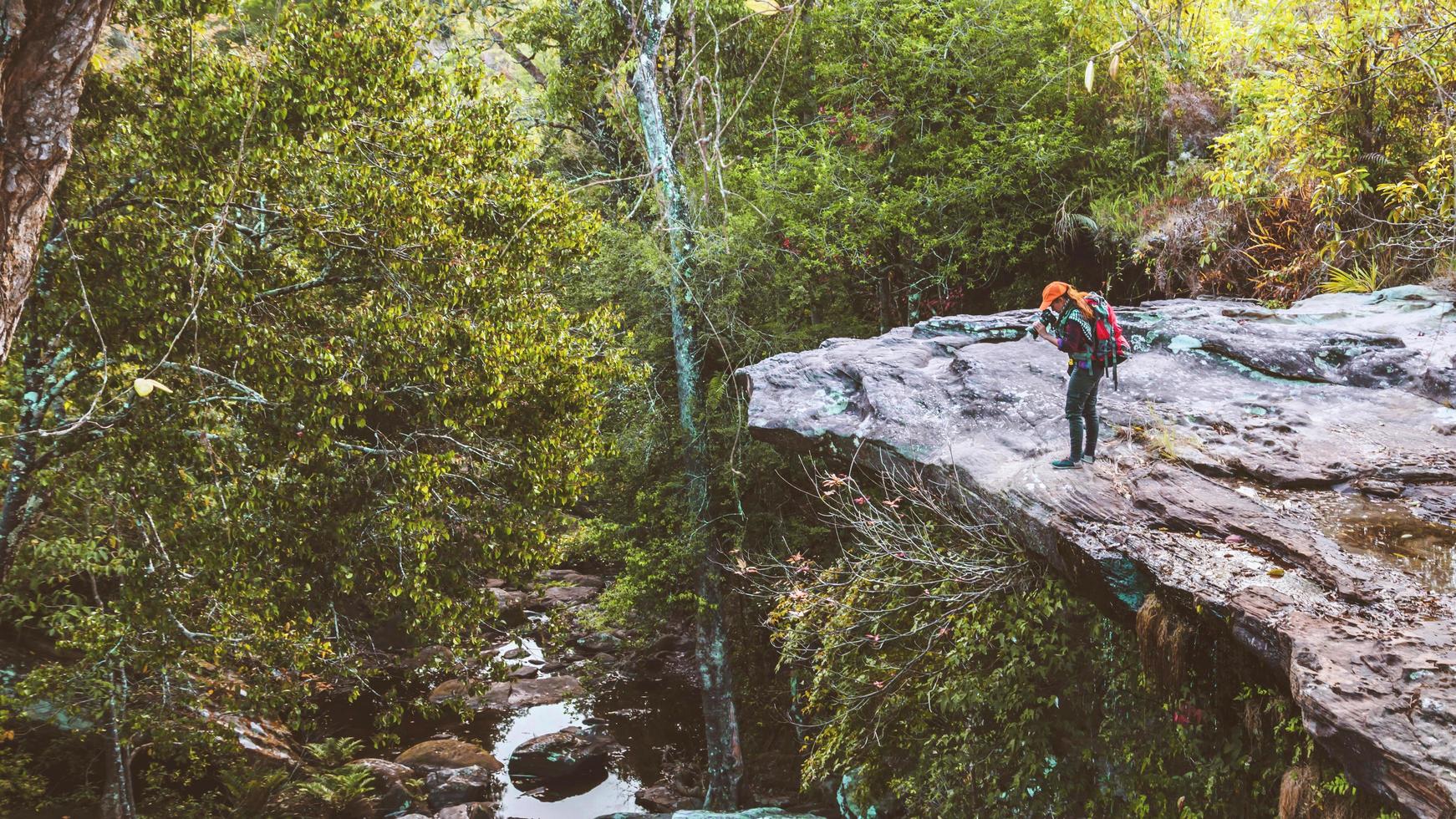 fotograf asiatische frauen reisen fotografieren natur. Reisen entspannen im Urlaub Spaziergang im Wald. Reisen entspannen im Urlaub. Thailand foto