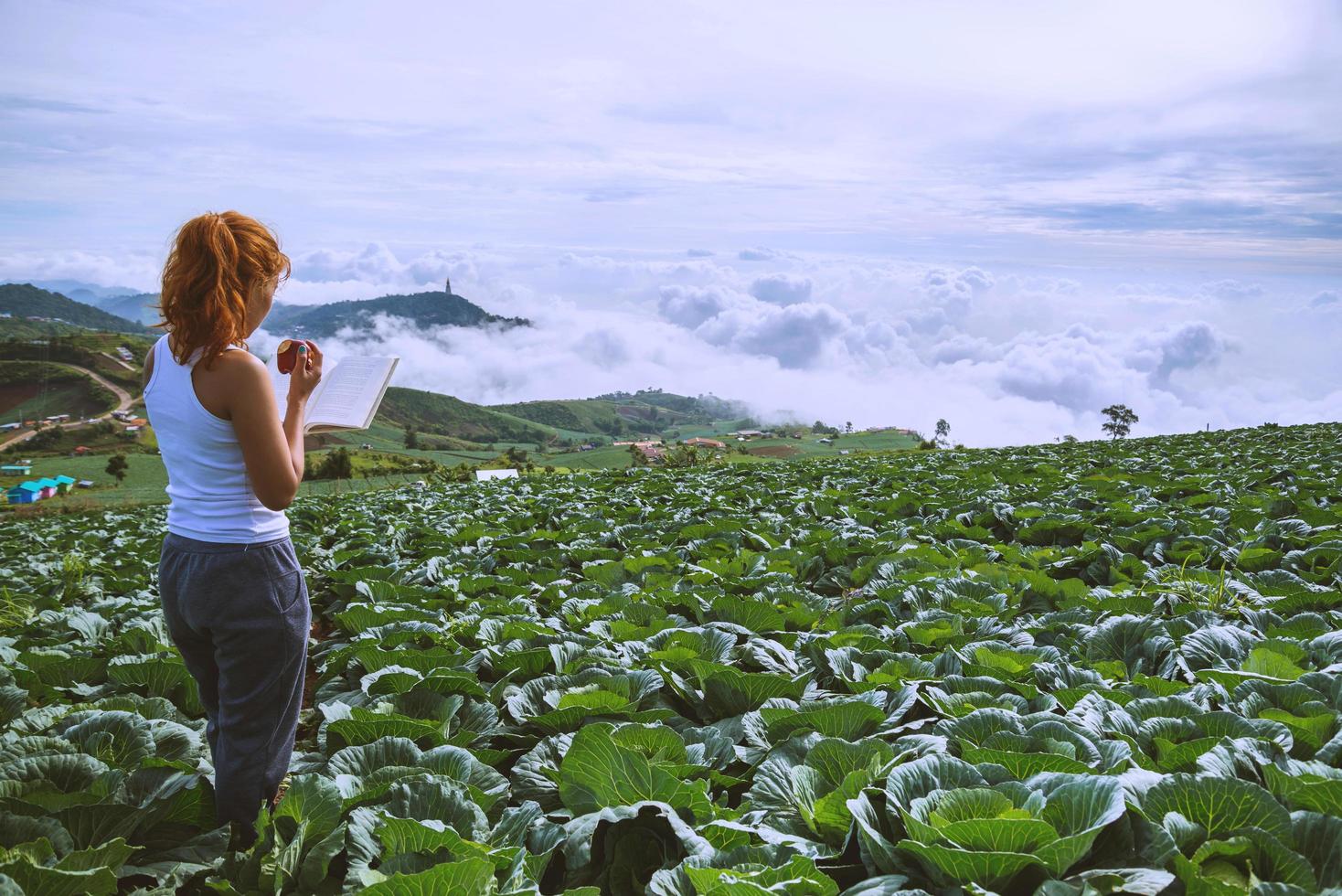 Frau steht lesend auf einer Gartenrübe. Morgenstimmung die Berge sind neblig. phetchabun phutubberg thailand foto