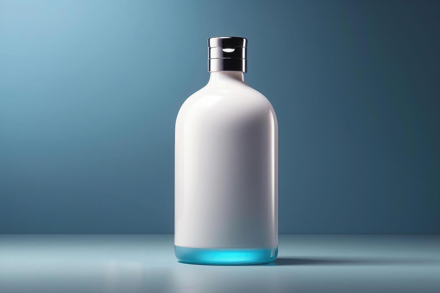 minimalistisch Weiß Shampoo Flasche mit glänzend Fertig perfekt zum Marke, isoliert auf ein Blau Hintergrund foto