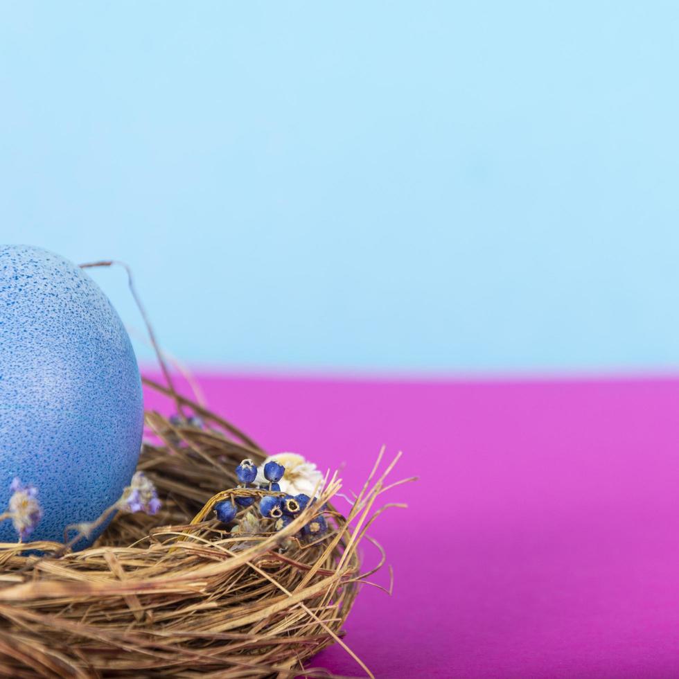 bunter Hintergrund mit Ostereiern auf rosa und blauem Hintergrund. Frohe Ostern-Konzept. kann als Poster, Hintergrund, Weihnachtskarte verwendet werden. flach legen, draufsicht, kopierraum. Studiofoto foto