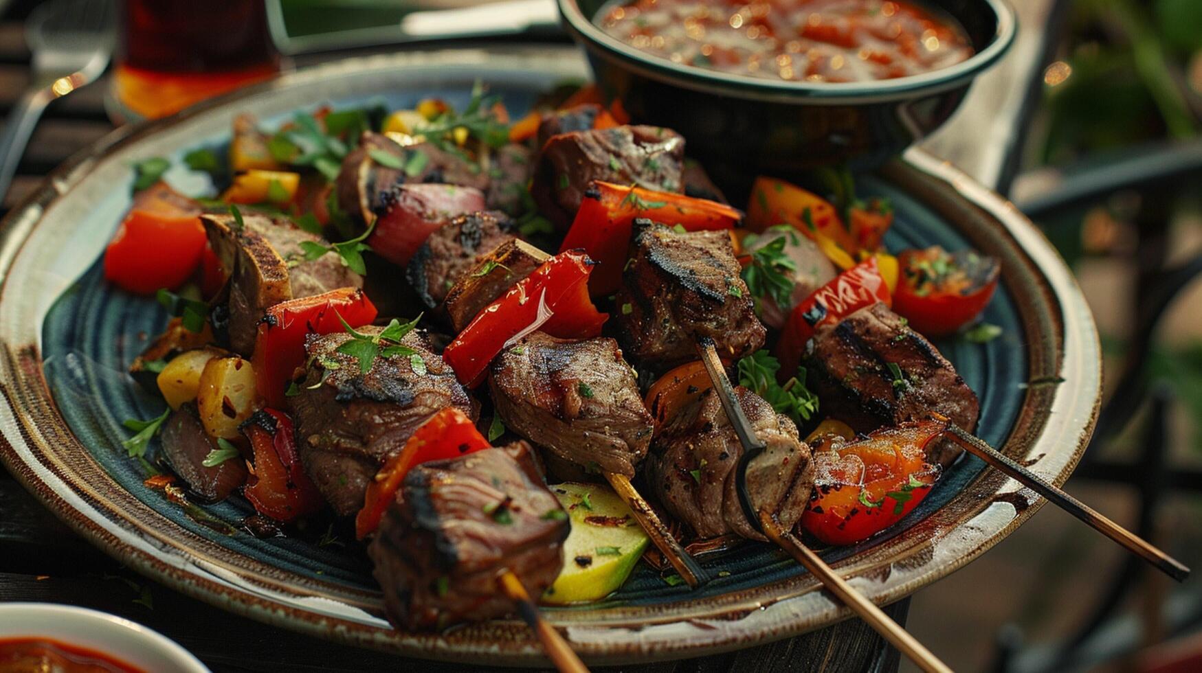 ein Teller von Lamm Kebabs mit Gemüse und ein Bogen foto