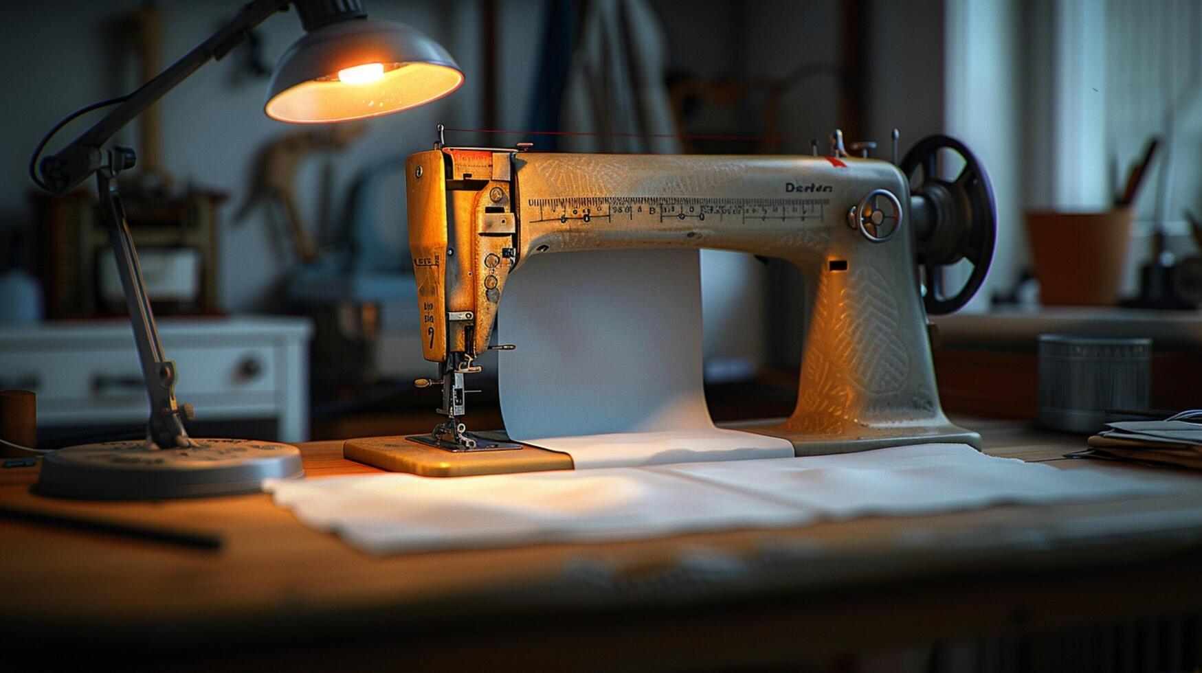 ein Nähen Maschine auf ein Schreibtisch mit ein Stück von Papier foto