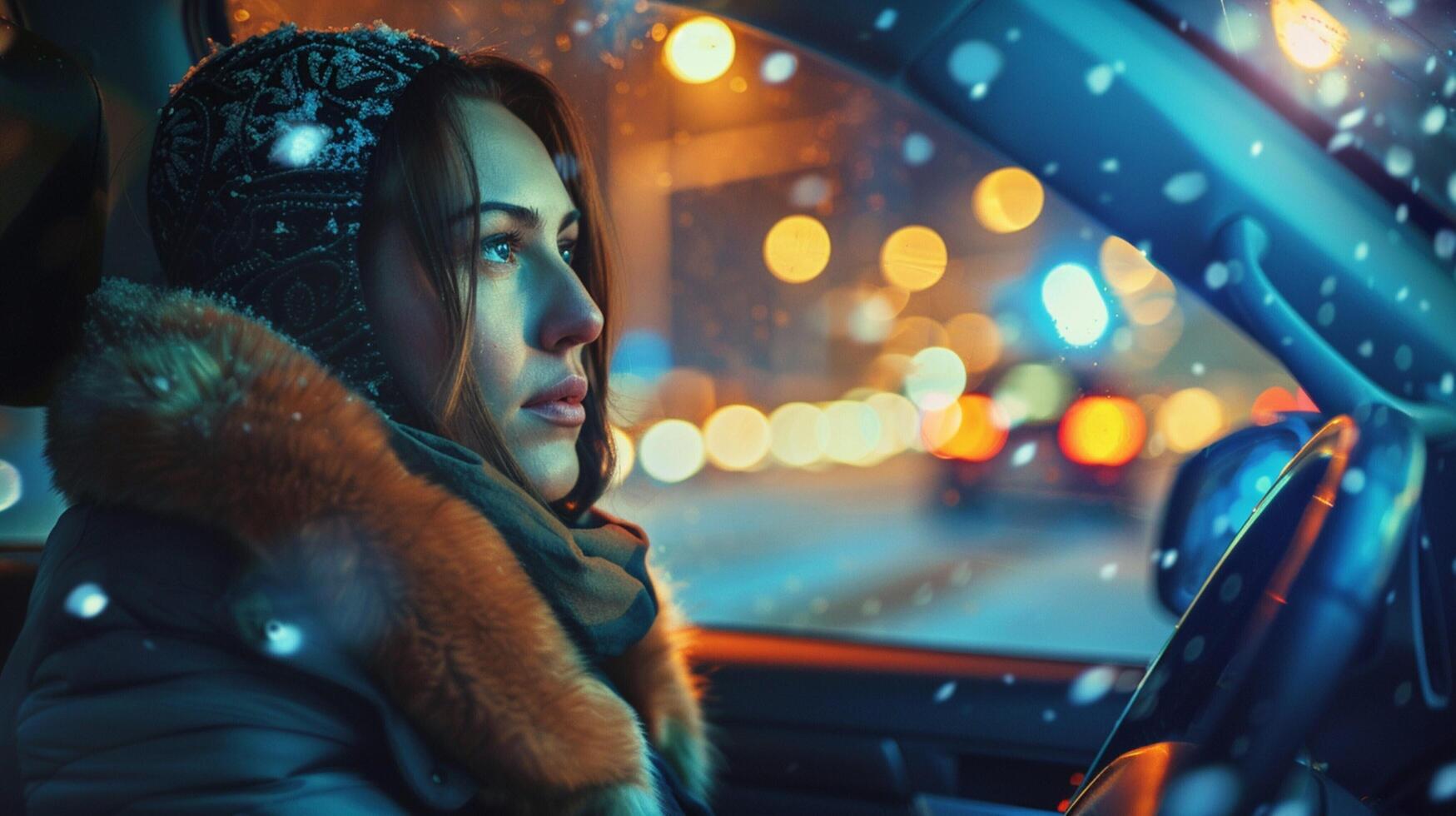 ein jung Frau Fahren genießen das Winter Nacht foto