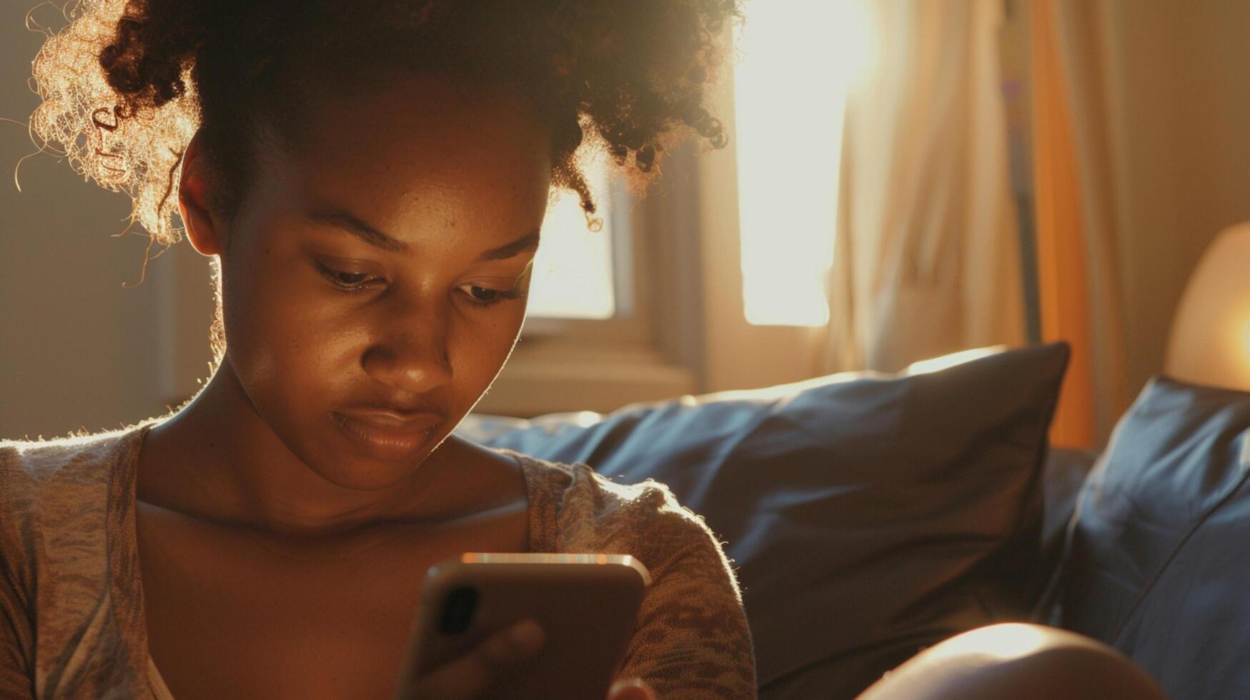 afrikanisch amerikanisch Frau Überprüfung Sozial Medien foto