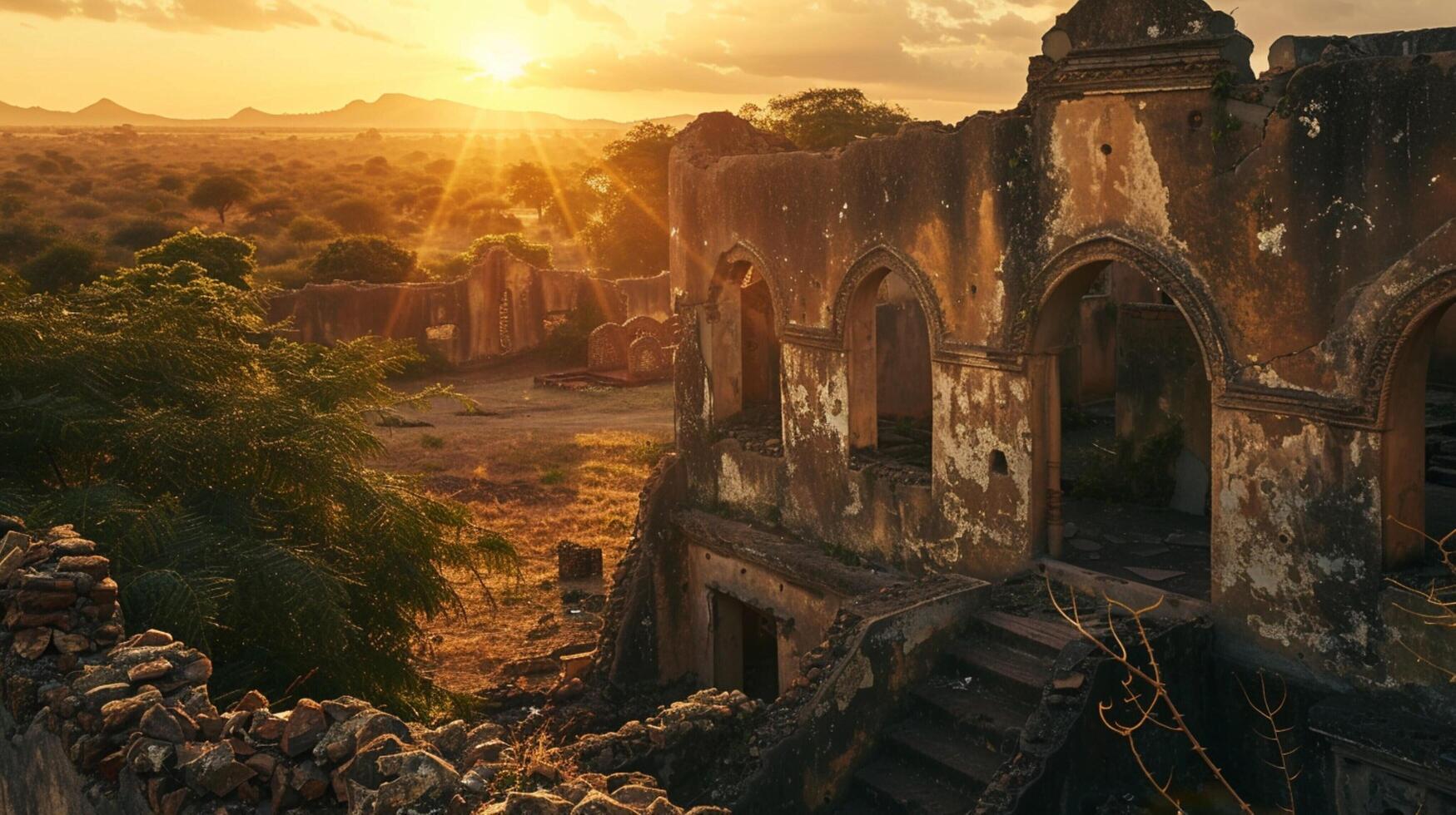 afrikanisch Sonnenuntergang leuchtet uralt die Architektur foto