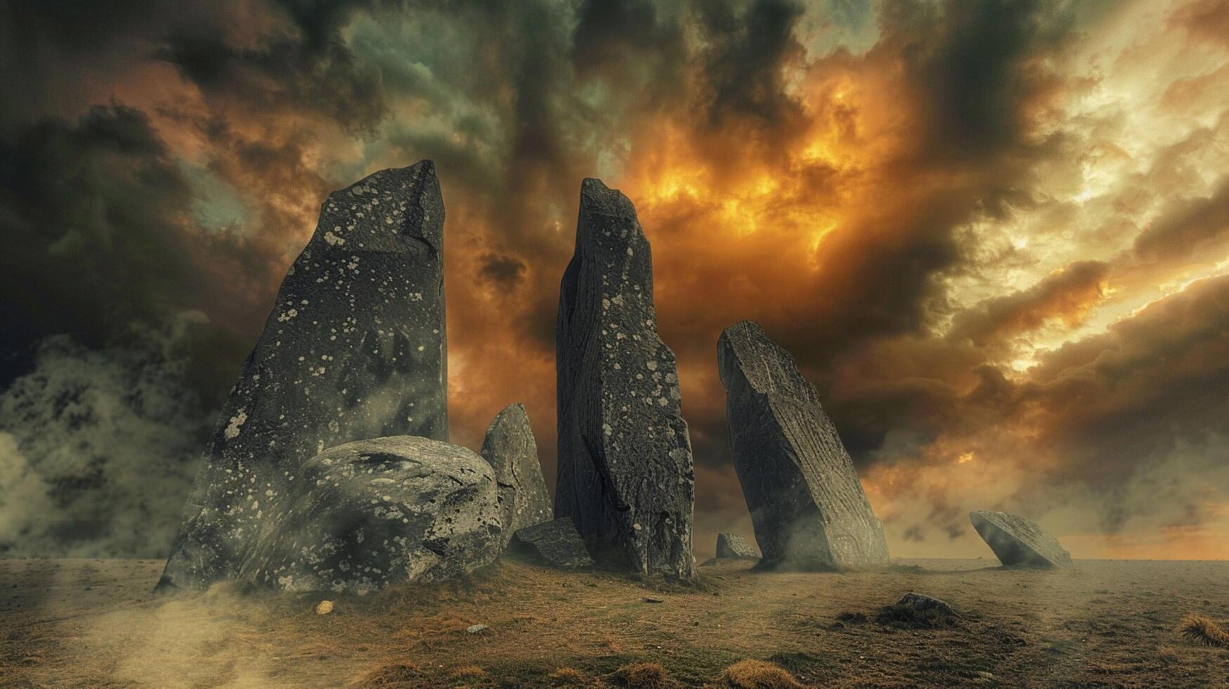 uralt Megalithen Stand hoch im dramatisch Himmel foto