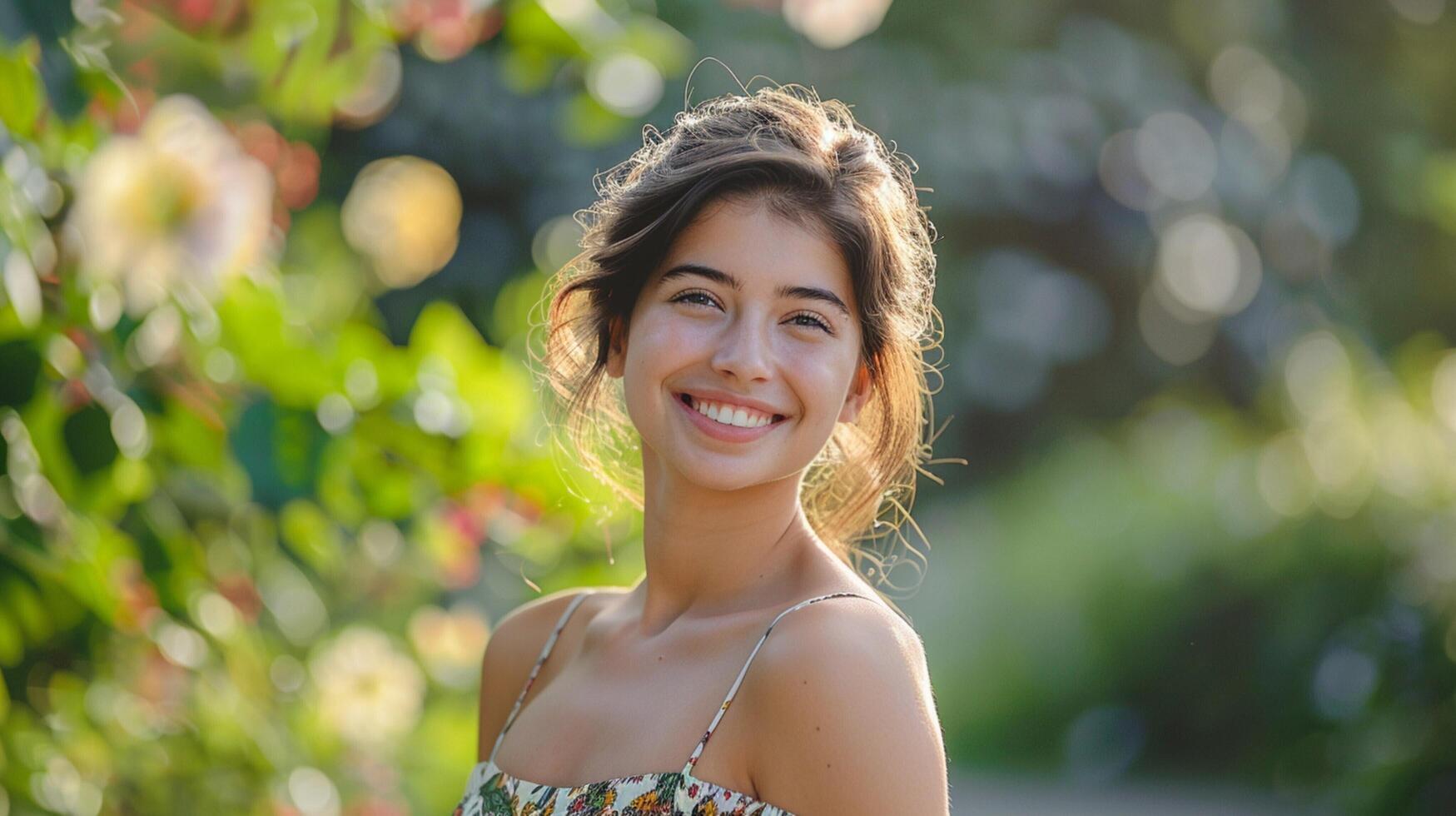 schön jung Frau im ein Sommer- Kleid lächelnd foto