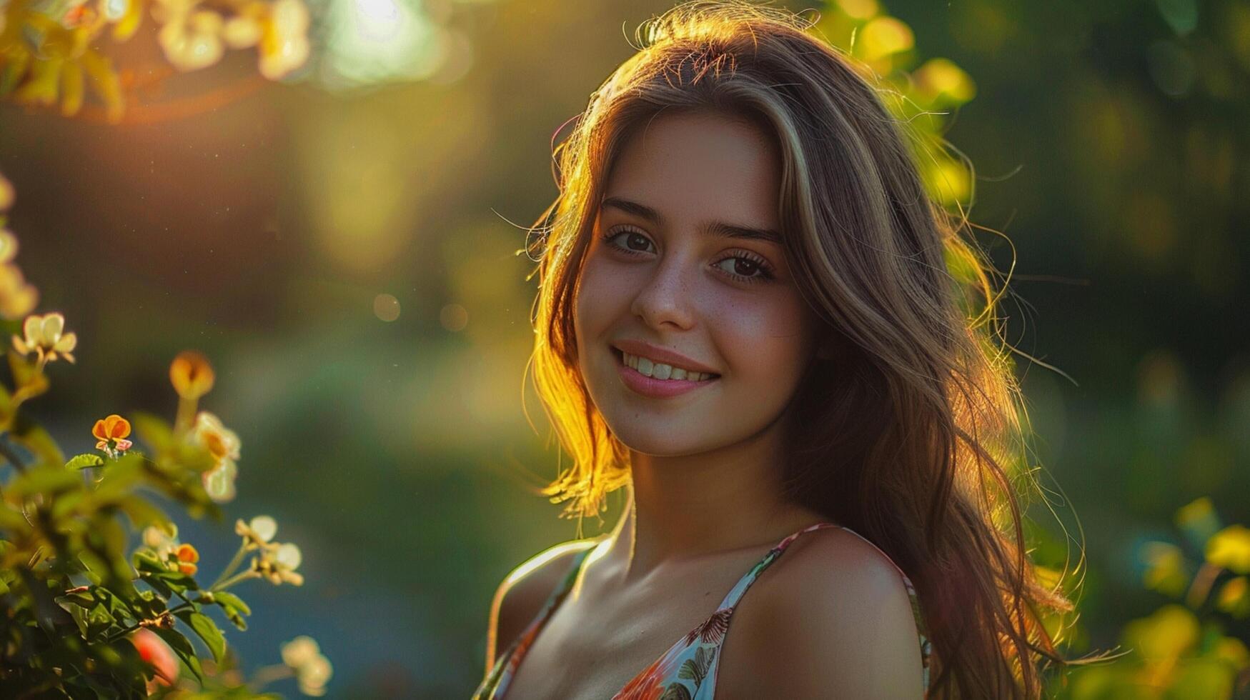 schön jung Frau im ein Sommer- Kleid lächelnd foto