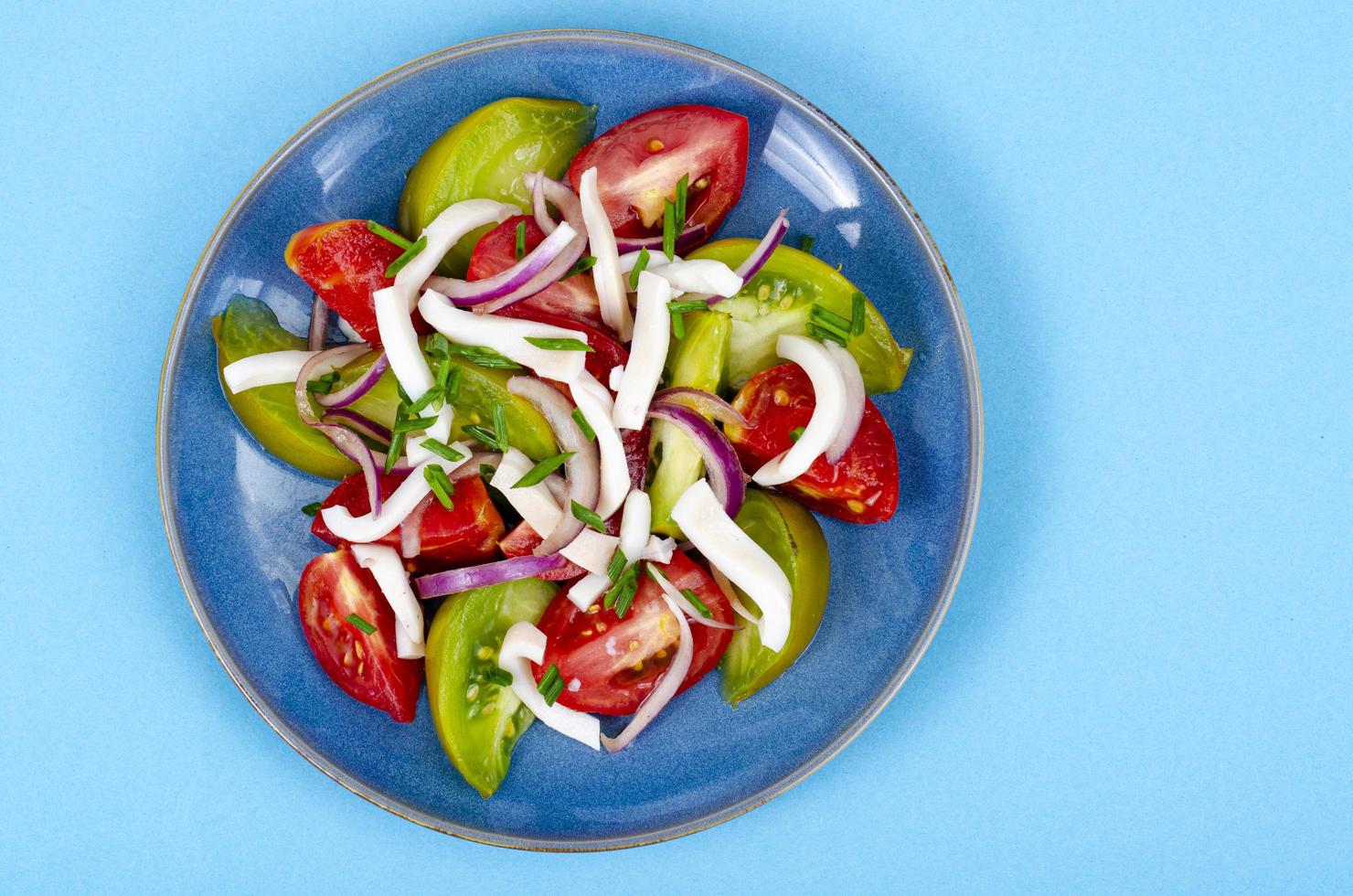 Gesunder Gemüsesalat mit Tomaten und Tintenfischstücken. Studiofoto. foto