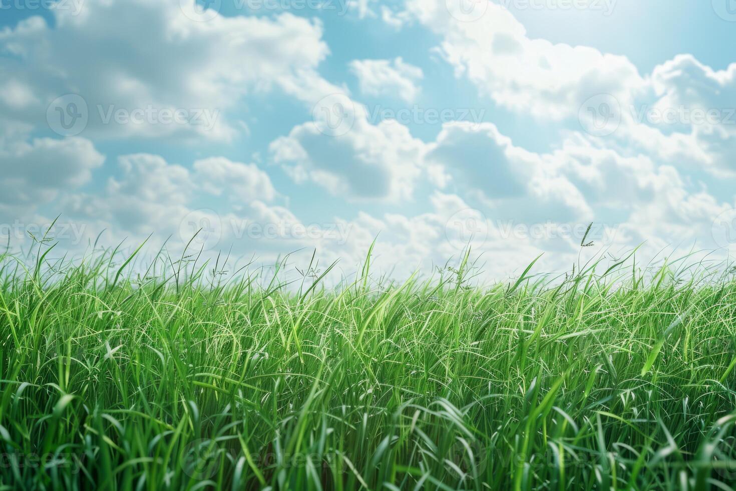 Grün Gras auf ein Hintergrund gegen ein Blau Himmel mit Wolken auf ein sonnig Tag foto
