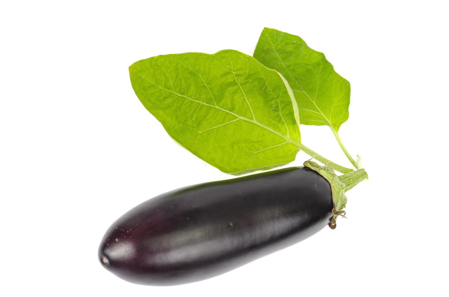 Reife schwarze lila Aubergine mit grünem Schwanz auf weißem Hintergrund. foto