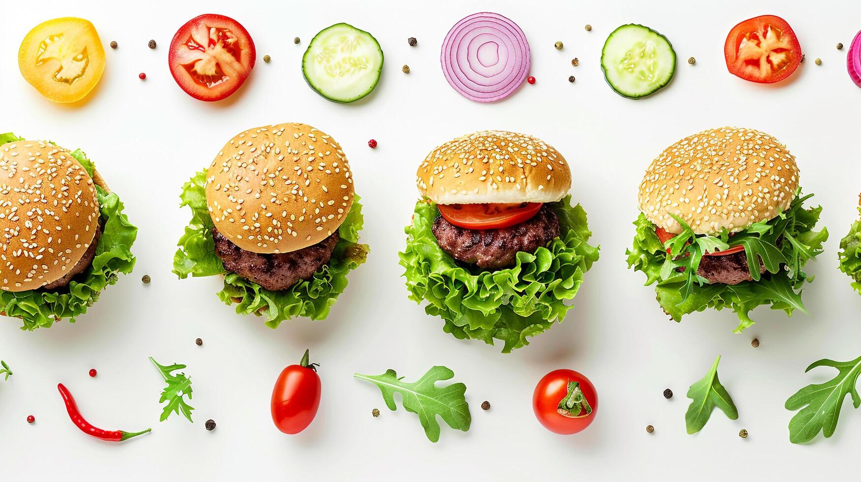 oben Aussicht von köstlich Burger und frisch Gemüse Zutaten auf Weiß Hintergrund foto