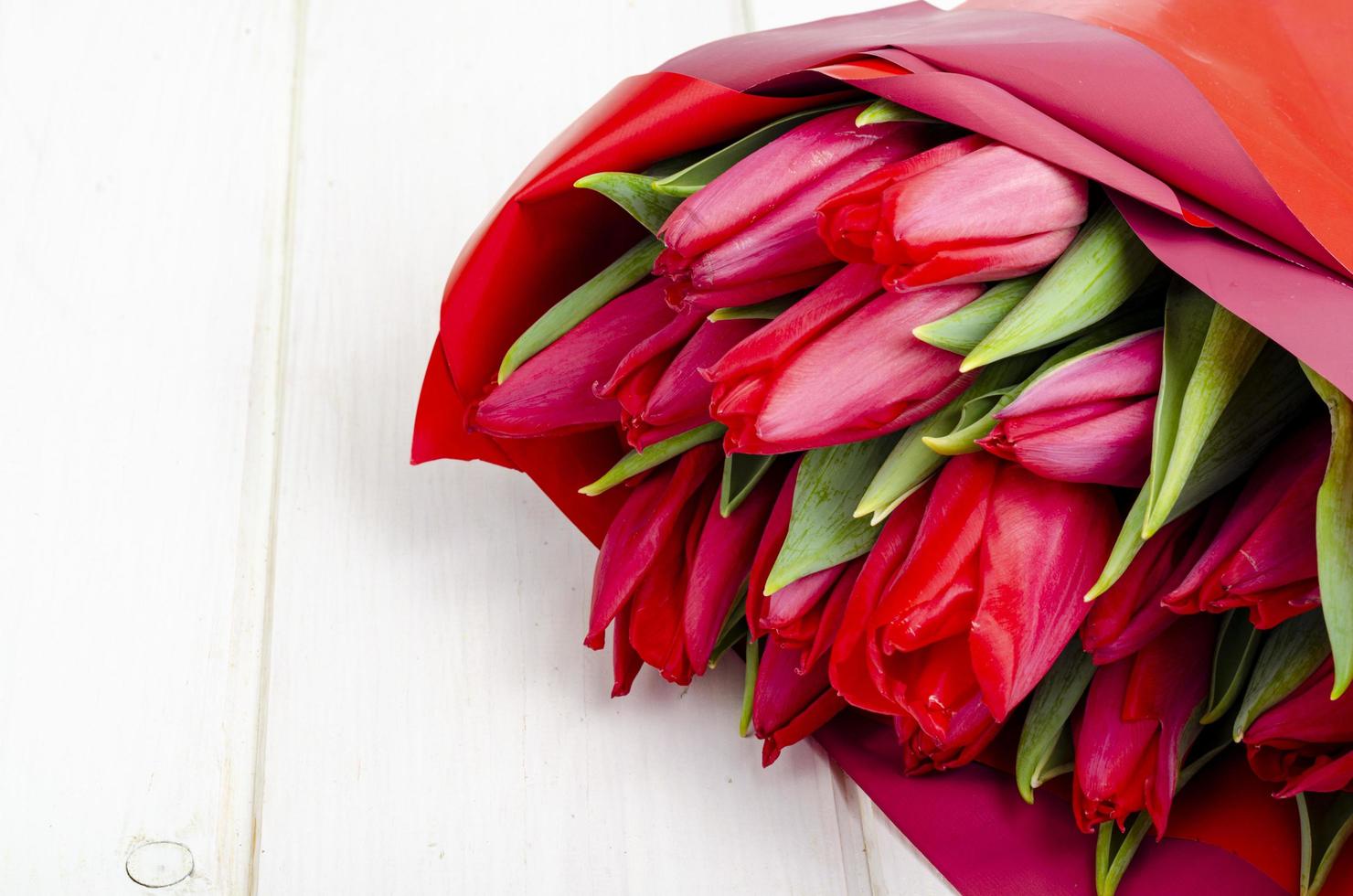 Strauß roter Tulpen in festlicher Verpackung foto