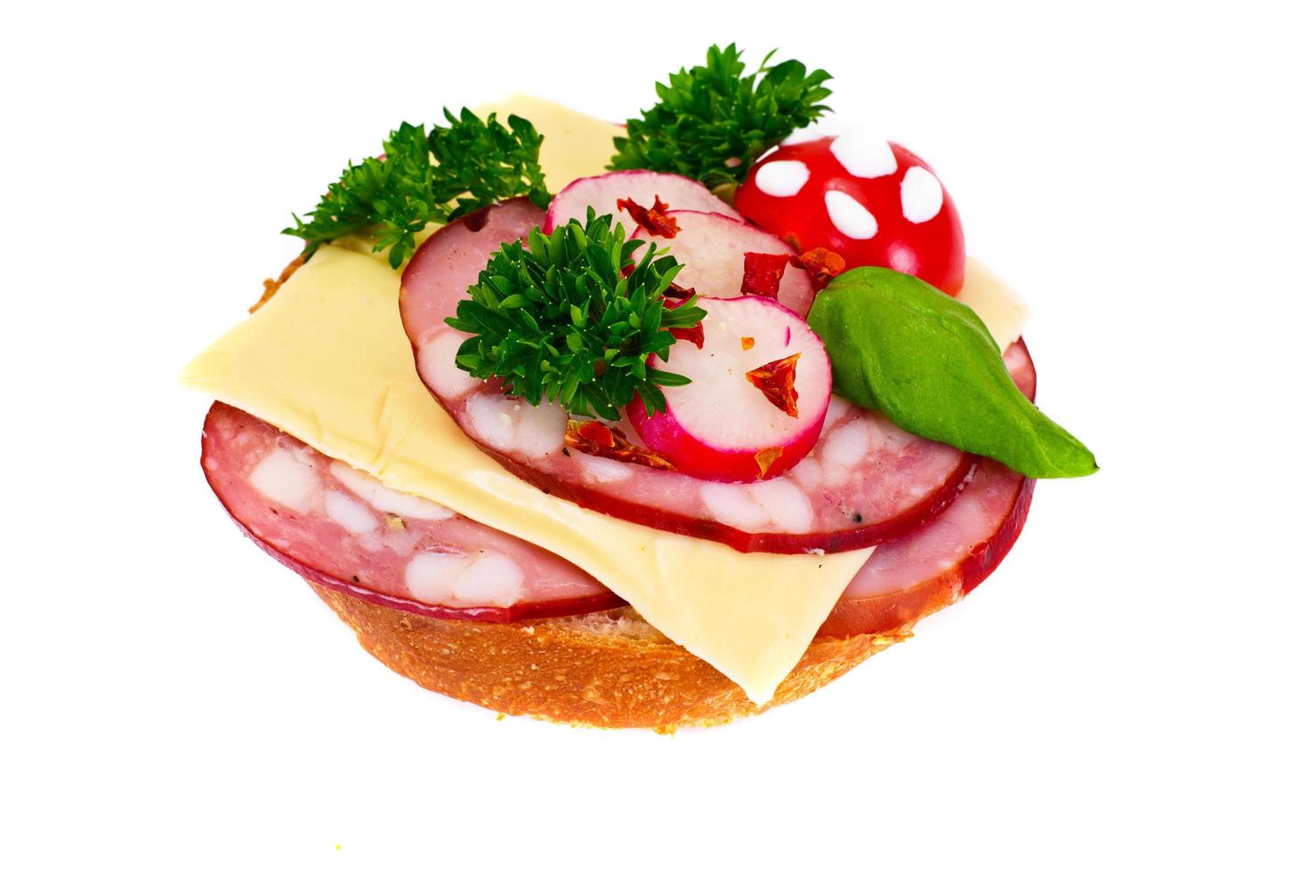Sandwich mit Champignons, Tomaten, Käse, Zwiebeln und Rettich foto