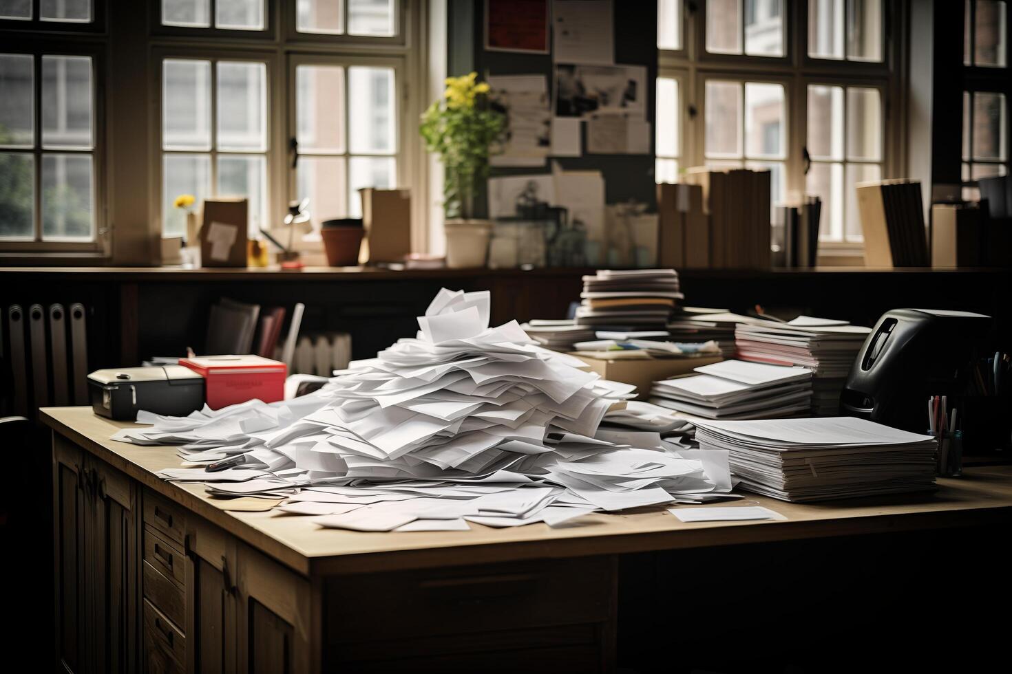 ein chaotisch Schreibtisch bedeckt im zahlreich Papiere und Dateien, Erstellen ein unorganisiert Arbeit Umfeld. foto