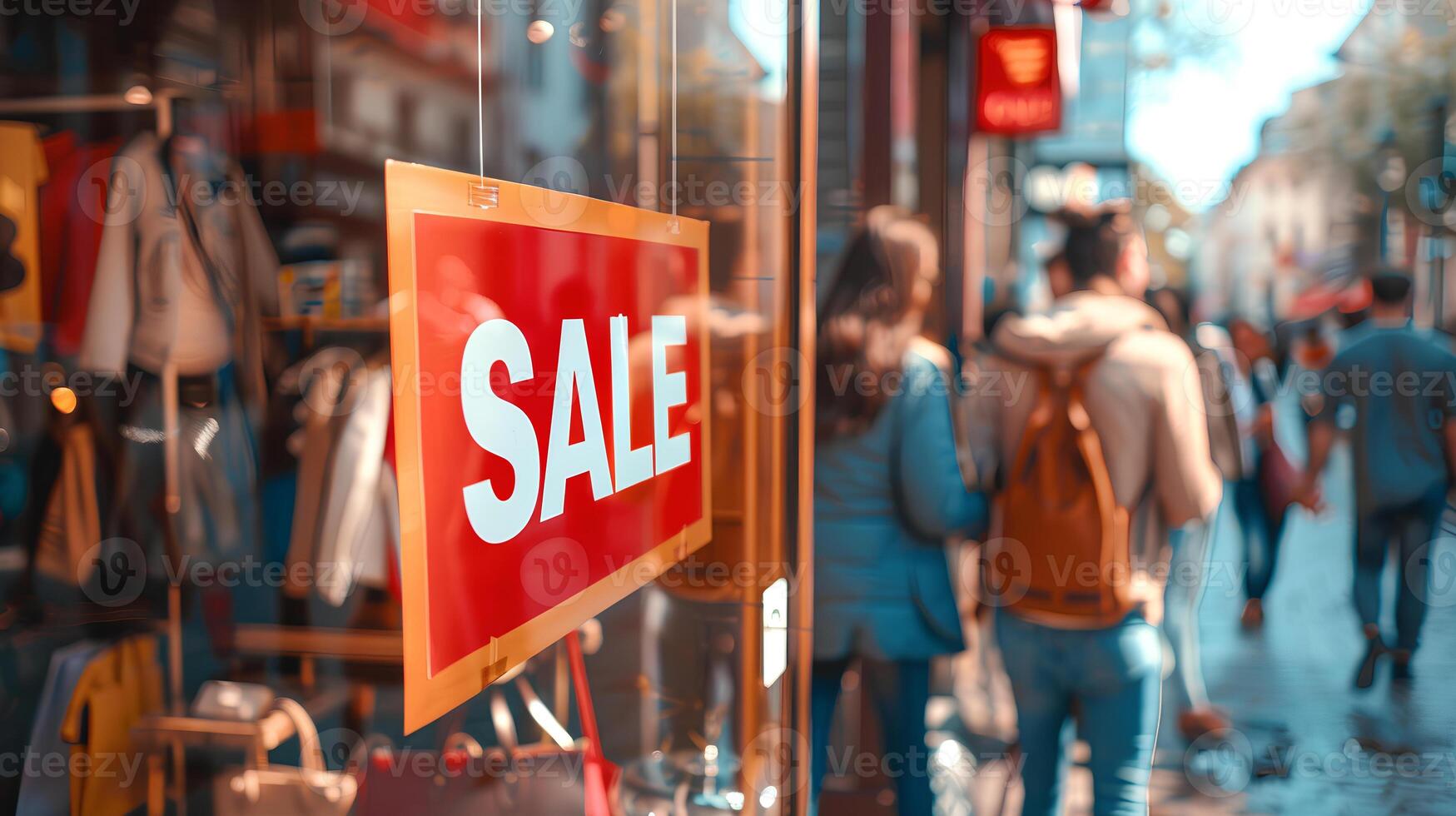Verkauf Konzept Bild mit ein Verkauf Zeichen im ein Geschäft Fenster und Menschen im Straße im Hintergrund. foto