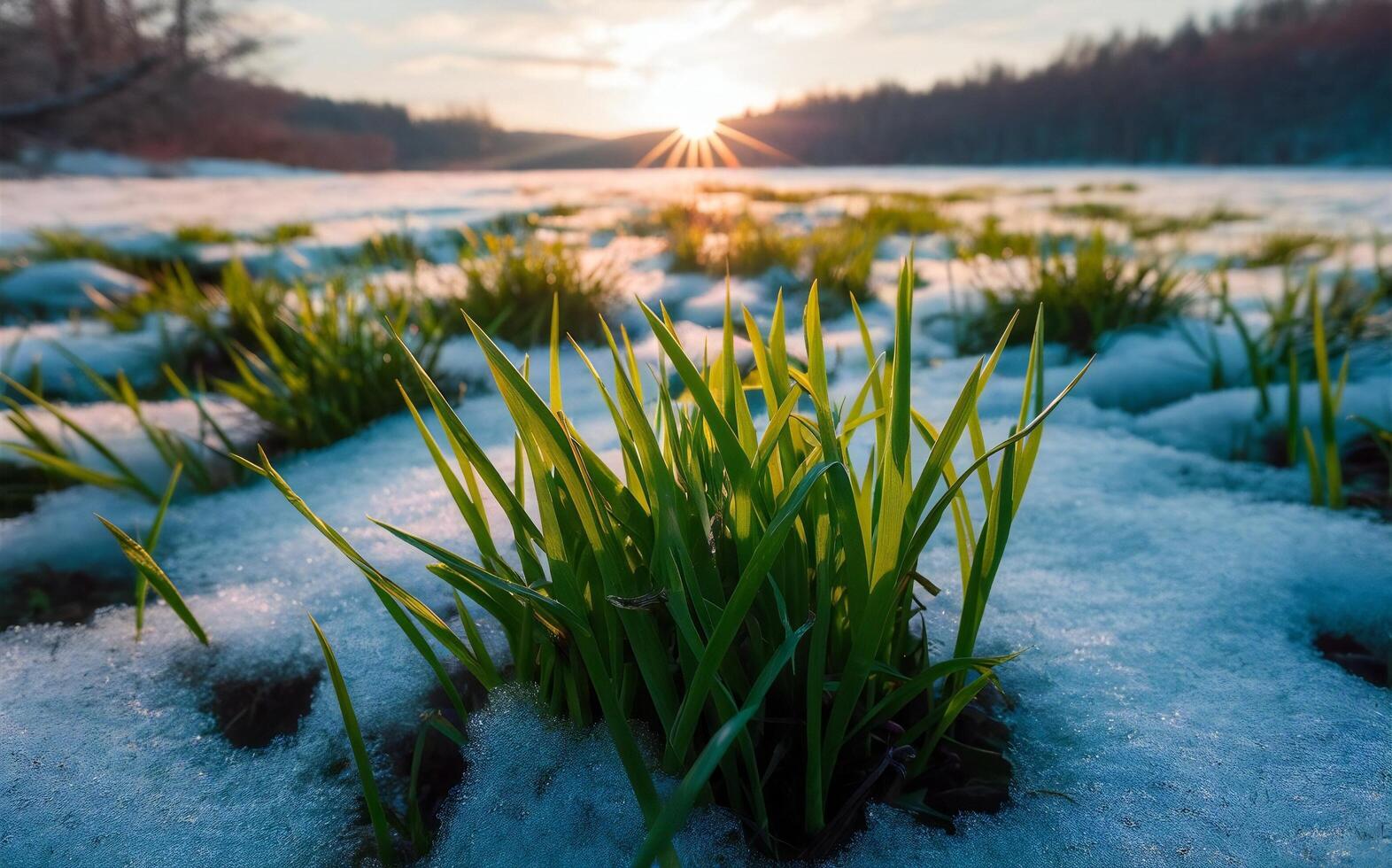 beim des Winters Ende, Frühling ist Kommen, beim Sonnenaufgang das Schneeschmelze-Grün Gras Hintergrund. foto